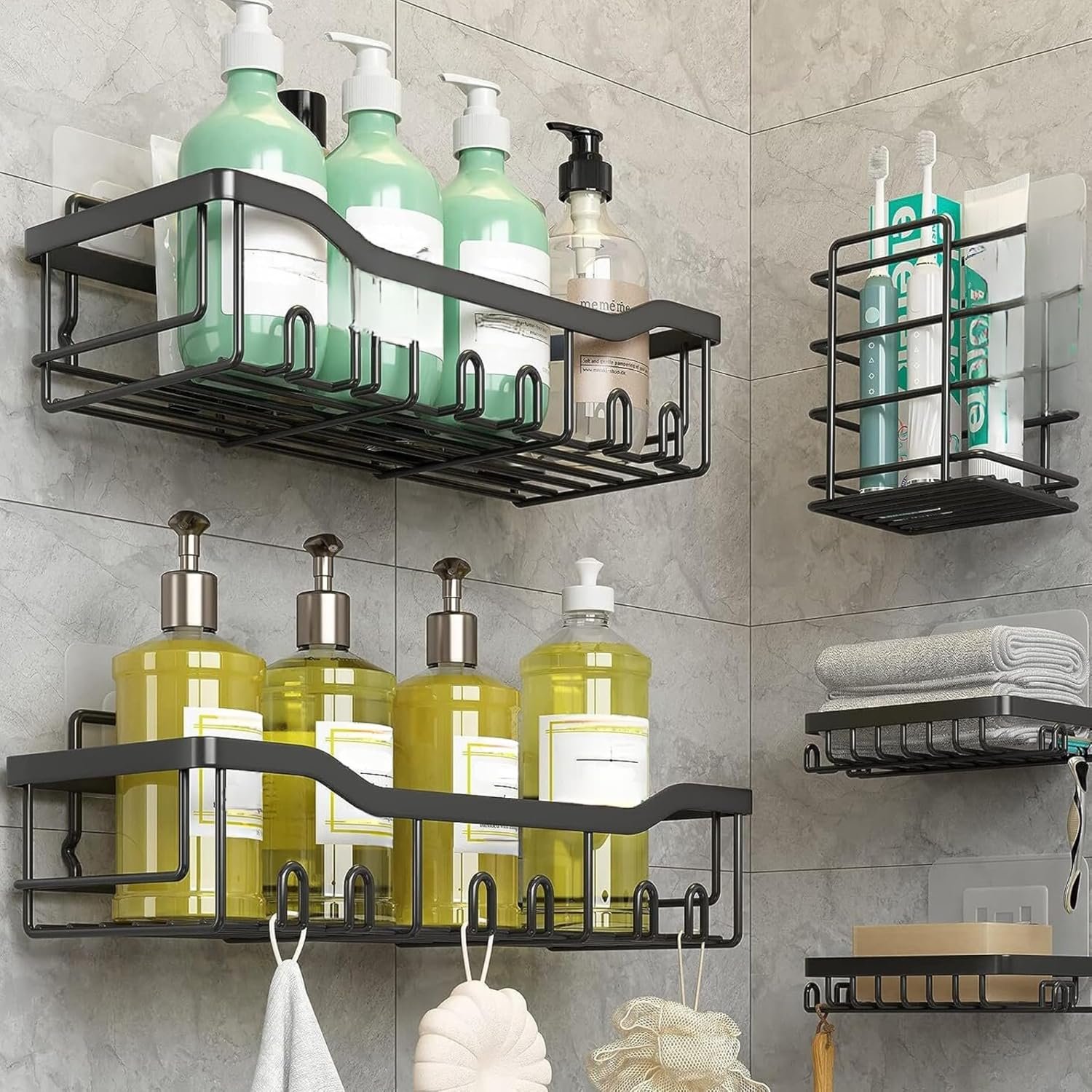 Rustproof Adhesive Shower Caddy Hanging Black 5-Pack No Drill Bathroom Organizer With 20 Hooks,Soap Holder,4 Snap Hooks-Stainless Steel Wall Mounted Storage For Kitchen & Home Decor - Image 2