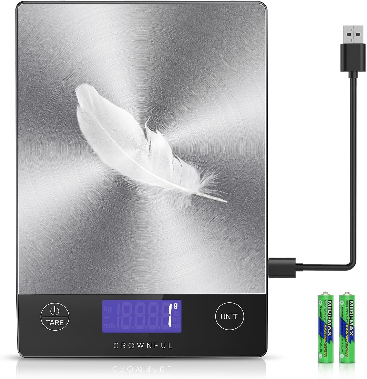 CROWNFUL Food Scale, Rechargeable 304 Stainless Steel Digital Kitchen Scale Upto 33lb Weight Grams and Ounces with LCD Display and Type-C Charging for Baking and Cooking - Image 2