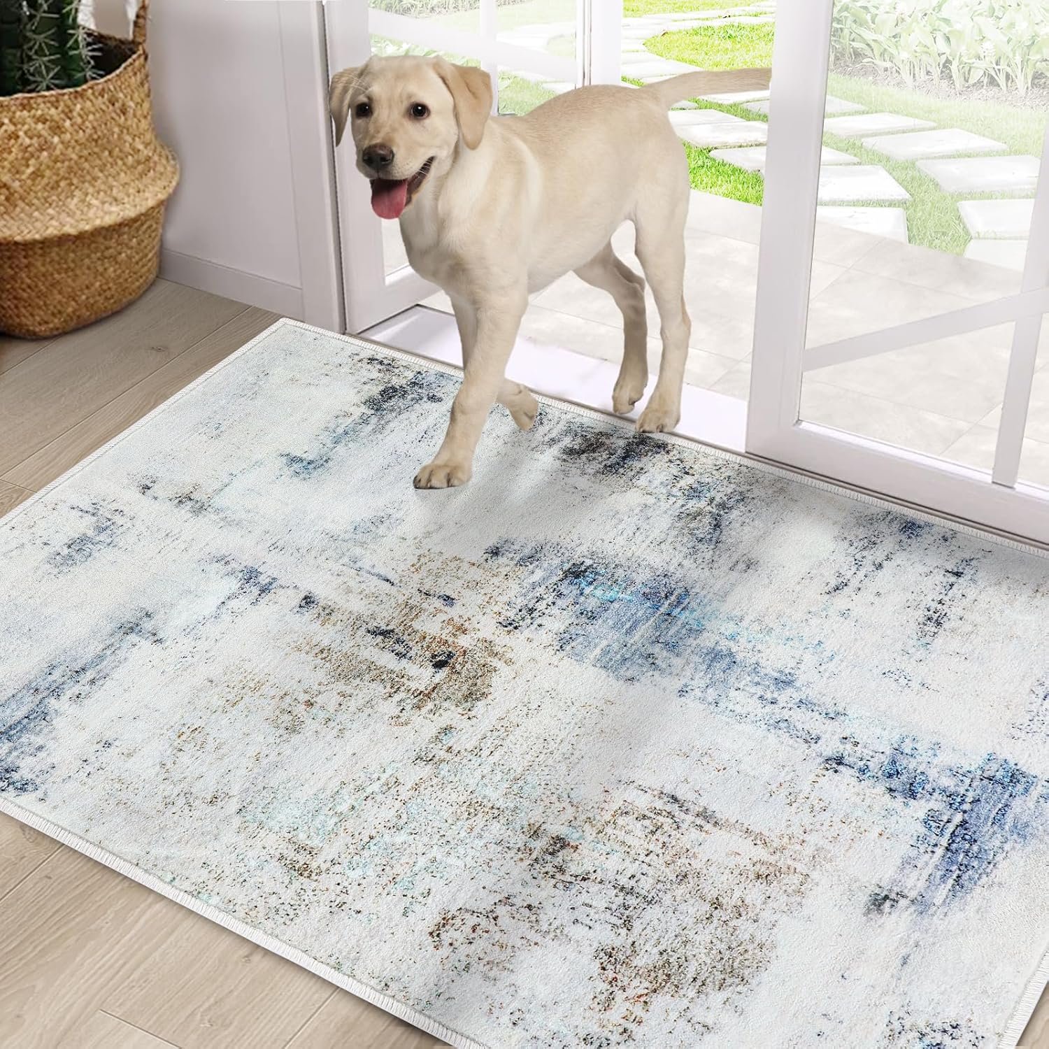 Door Mat, Front Indoor Door Mat Faux Wool Non-Slip Entryway Rug Absorbent Abstract Throw Rug for Indoor Entrance Hallway Laundry Room, High Traffic Areas, 32 x 48 Inches, Mottled Light Blue - Image 2