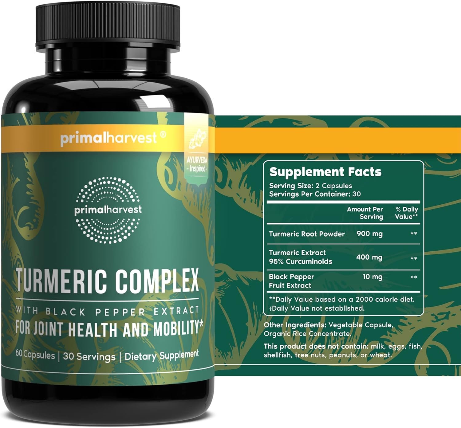 Primal Harvest 1 Pack, Primal Turmeric Complex w/Black Pepper Extract, Joint and Mobility Support Supplement for Women & Men, 60 Capsules - Image 2