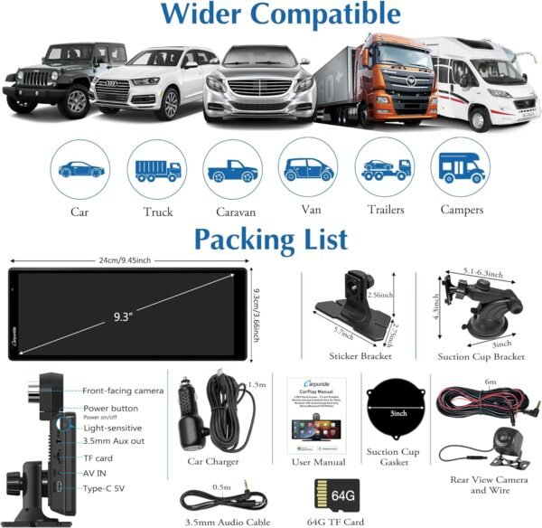 [2024] Carpuride W903 Wireless Carplay & Android Auto with Dash Cam - 9.3" HD IPS Touch Car Play Screen for Car, 4K Front & 1080P Rear Camera, Loop Recording, Bluetooth Audio, Mirror Link, GPS, Siri - Image 8