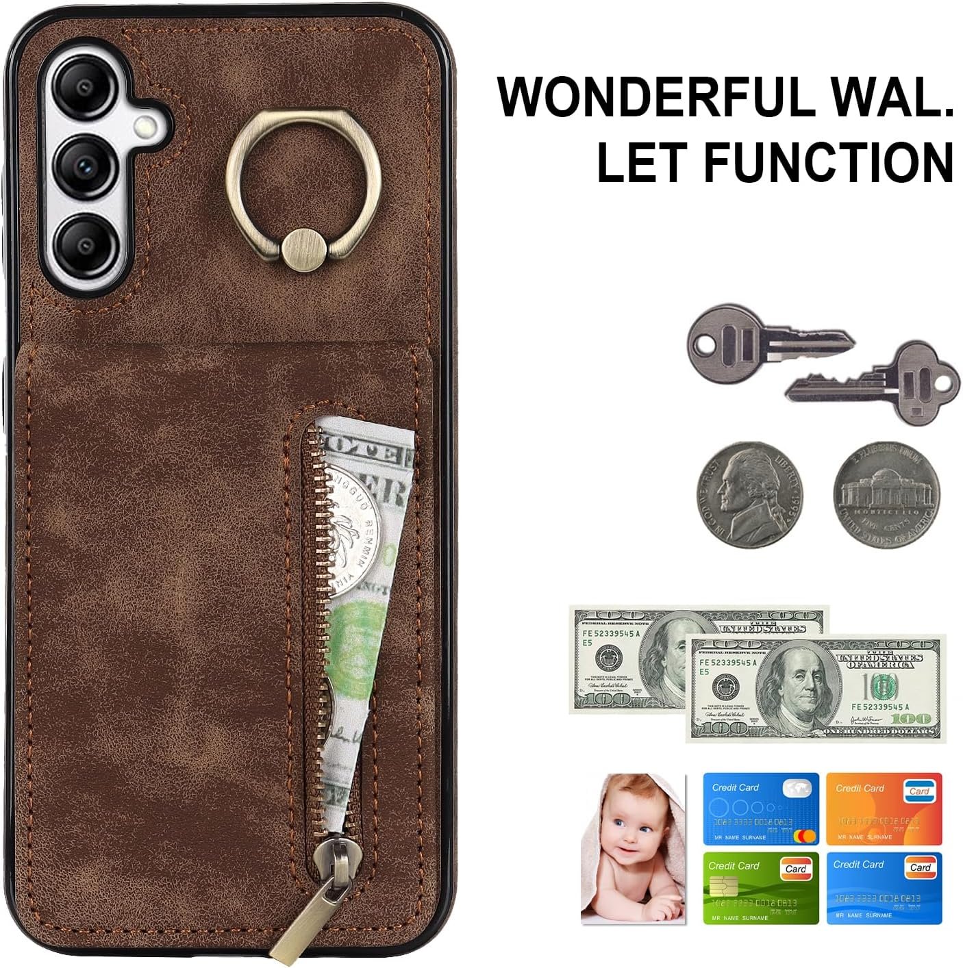 Asuwish Phone Case for Samsung Galaxy A14 5G Wallet Cover with Tempered Glass Screen Protector and Cell Accessories Zipper RFID Card Holder Slot Ring Kickstand A 14 4G 14A G5 A145G SM Women Men Brown - Image 3