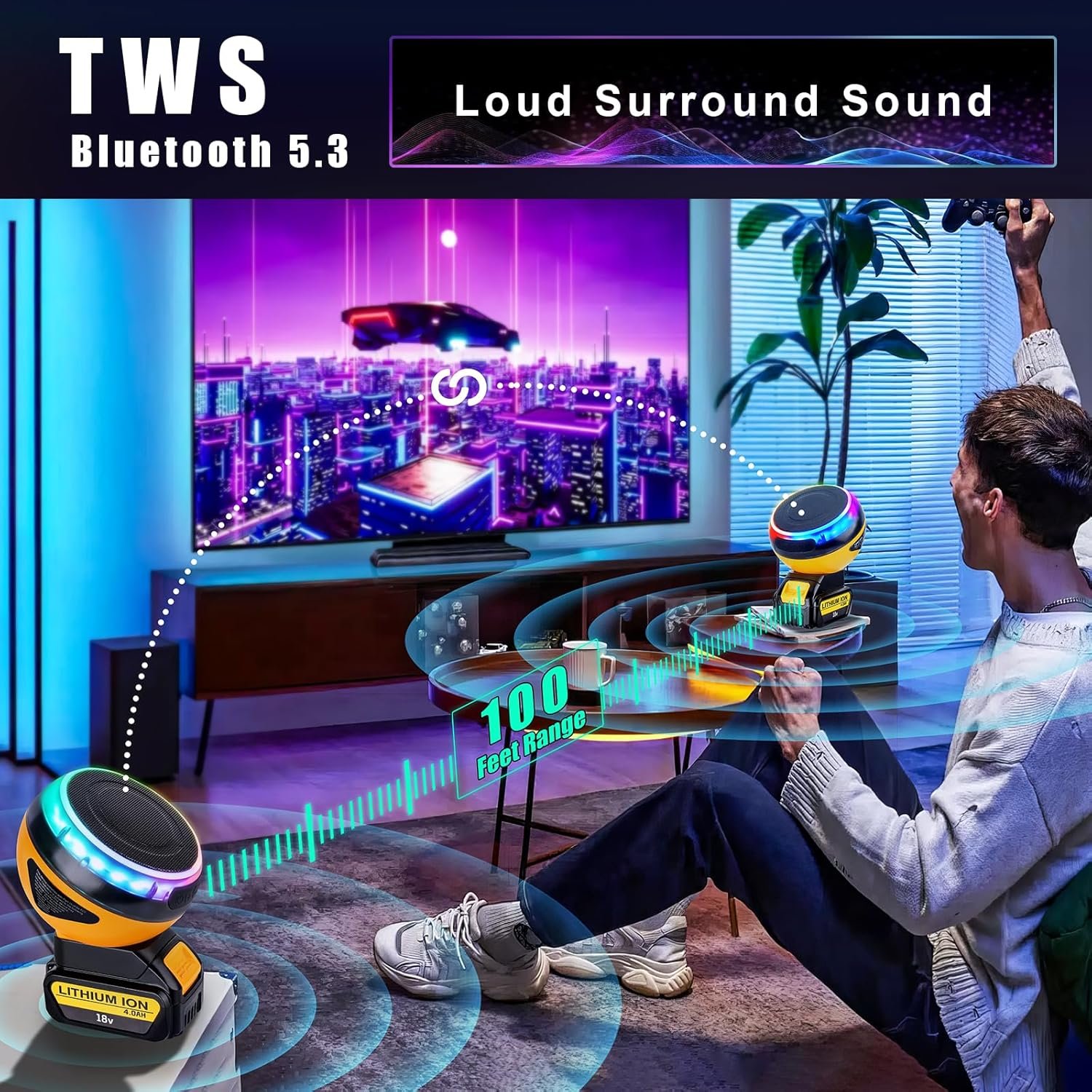 Bluetooth Speakers for Dewalt 20V Max Battery,Portable Speaker Wireless with HD Sound,BT5.3,TWS Pairing,Dynamic RGB Color,52 ft Range for Jobsites,Outdoor,Home Party,Camping - Image 7