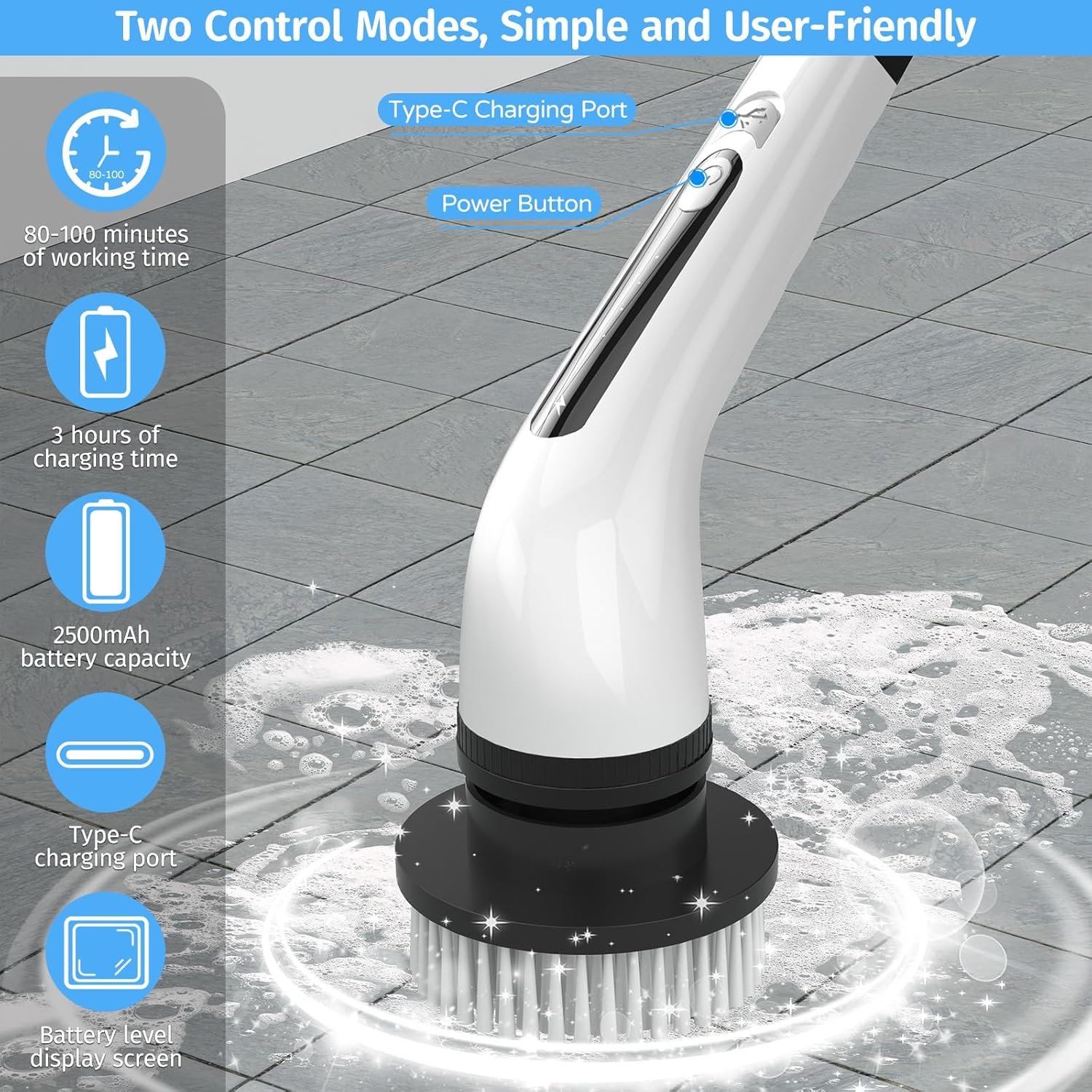 Electric Spin Scrubber, Shower Scrubber with Long Handle, Adjustable & Detachable Handle with 7 Replaceable Heads, 2 Speeds Cordless Electric Cleaning Brush for Bathroom/Tub/Floor/Tile - Image 4
