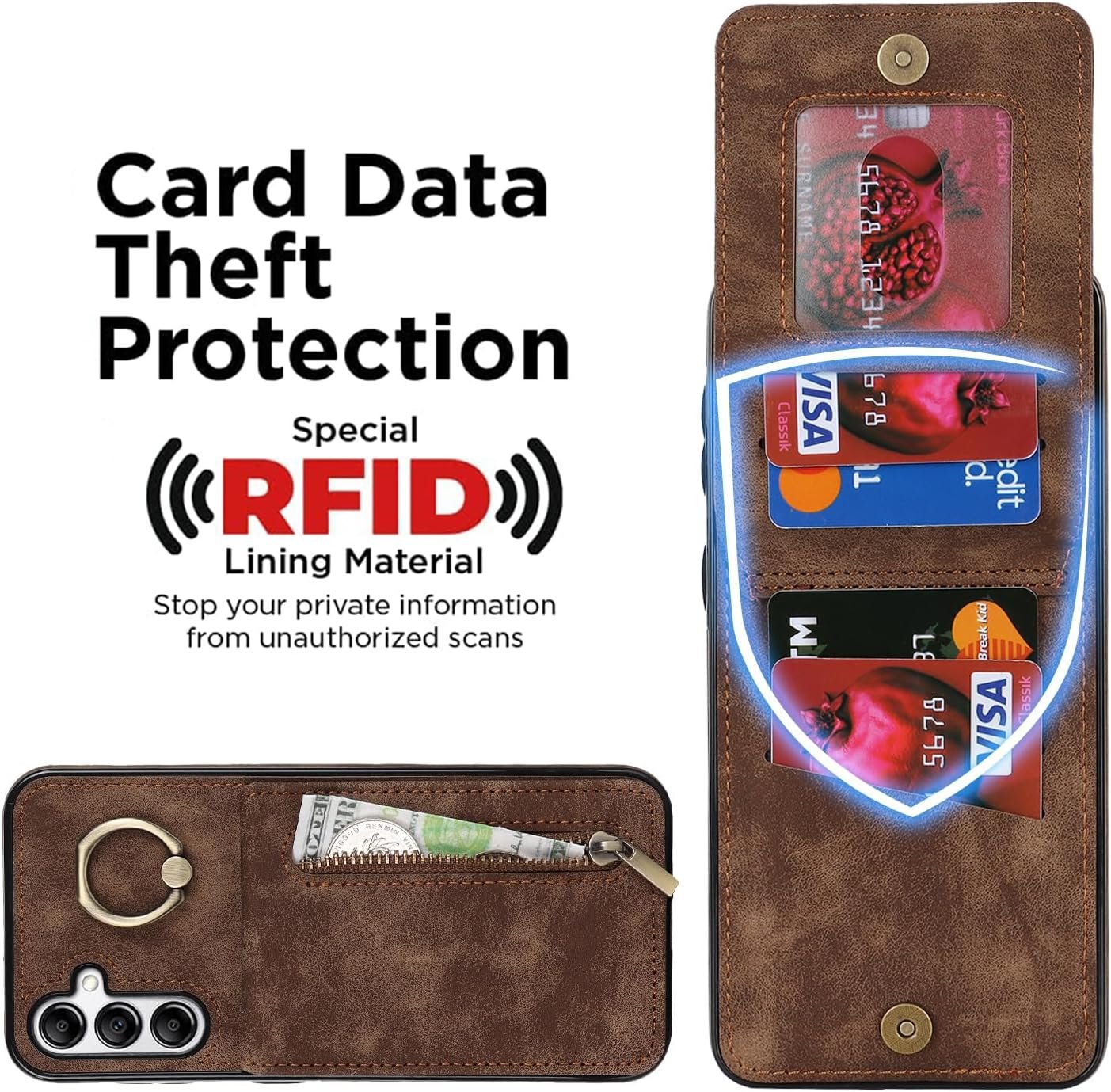 Asuwish Phone Case for Samsung Galaxy A14 5G Wallet Cover with Tempered Glass Screen Protector and Cell Accessories Zipper RFID Card Holder Slot Ring Kickstand A 14 4G 14A G5 A145G SM Women Men Brown - Image 5