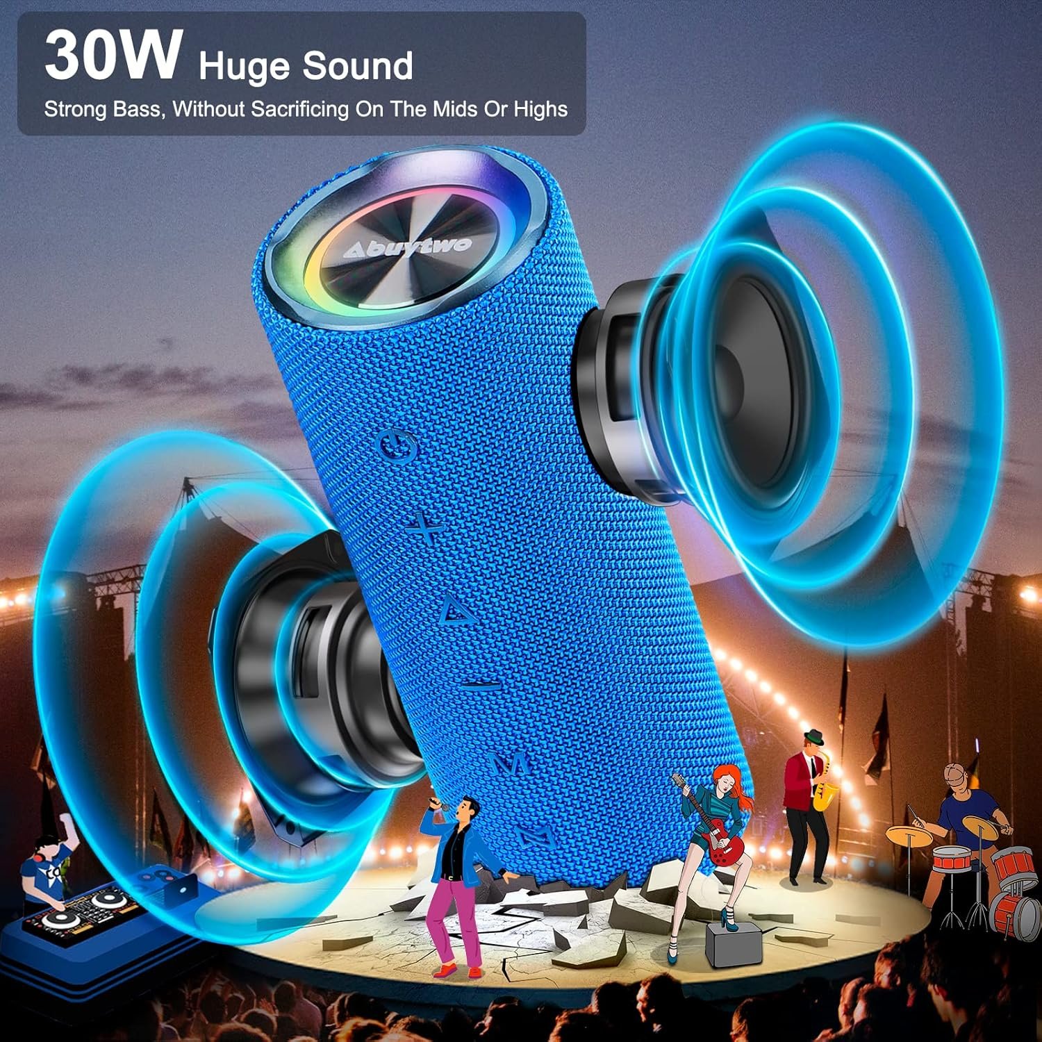 Bluetooth Speaker IPX7 Waterproof, Loud 30W HD Sound Wireless Speakers RGB LED Shower Speaker, Dual Pairing 24H Playtime Wireless Stereo Travel Speakers for Home Outdoor Kayak Beach (Blue) - Image 3