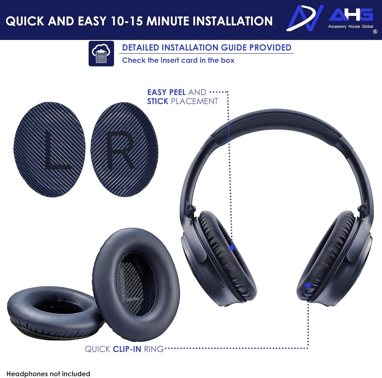 AHG QC35 Replacement Ear Pads / QC35 ii Ear Pads Cushion Blue Compatible with Bose QuietComfort 35 (QC35) / Bose QuietComfort 35 ii (QC35 ii) Headphones (Midnight Blue). Great Comfort + Durability - Image 8