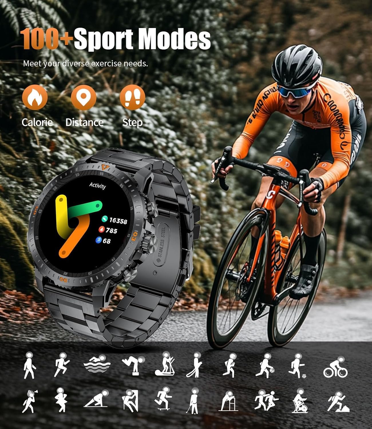 Military Smart Watch for Men,1.46'' AMOLED/500mAh Fitness Tracker Smartwatch(Answer/Dial Calls) with 5ATM Waterproof/120 Sport Modes/Heart Rate/SpO2/Blood Pressure for Android/iOS Black Silicone - Image 7