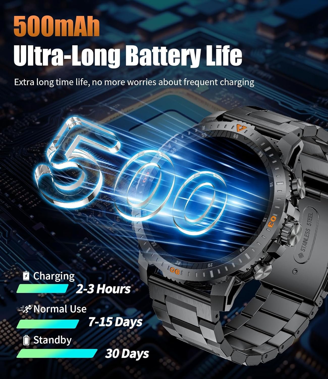 Military Smart Watch for Men,1.46'' AMOLED/500mAh Fitness Tracker Smartwatch(Answer/Dial Calls) with 5ATM Waterproof/120 Sport Modes/Heart Rate/SpO2/Blood Pressure for Android/iOS Black Silicone - Image 4