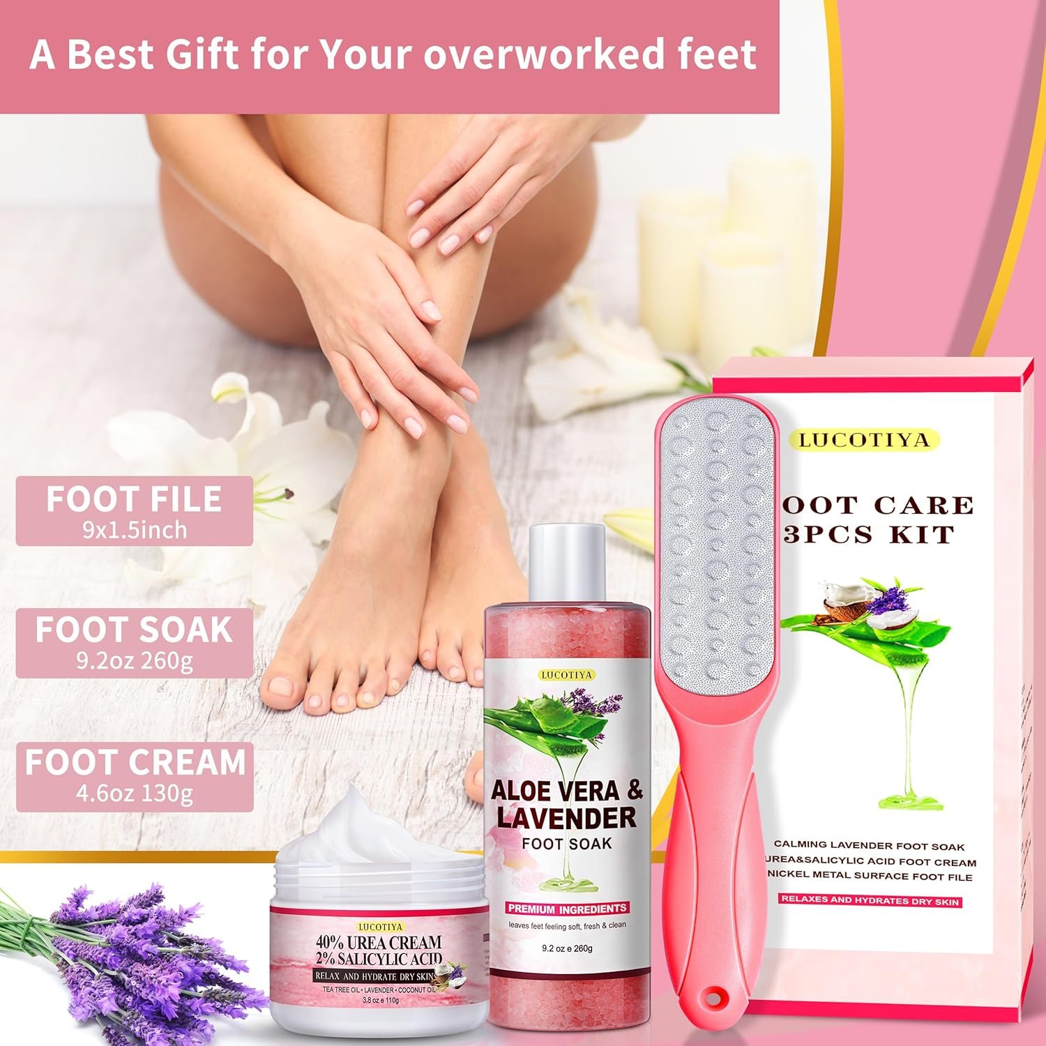 Foot Soak Set Pedicure Kit Foot Spa Callus Remover for Feet Cuticle Remover Foot File for Dead Skin Pink Salt Urea Cream for Feet Aloe Lavender Pedicure Supplies Dry Cracked Feet for Women Men - Image 7
