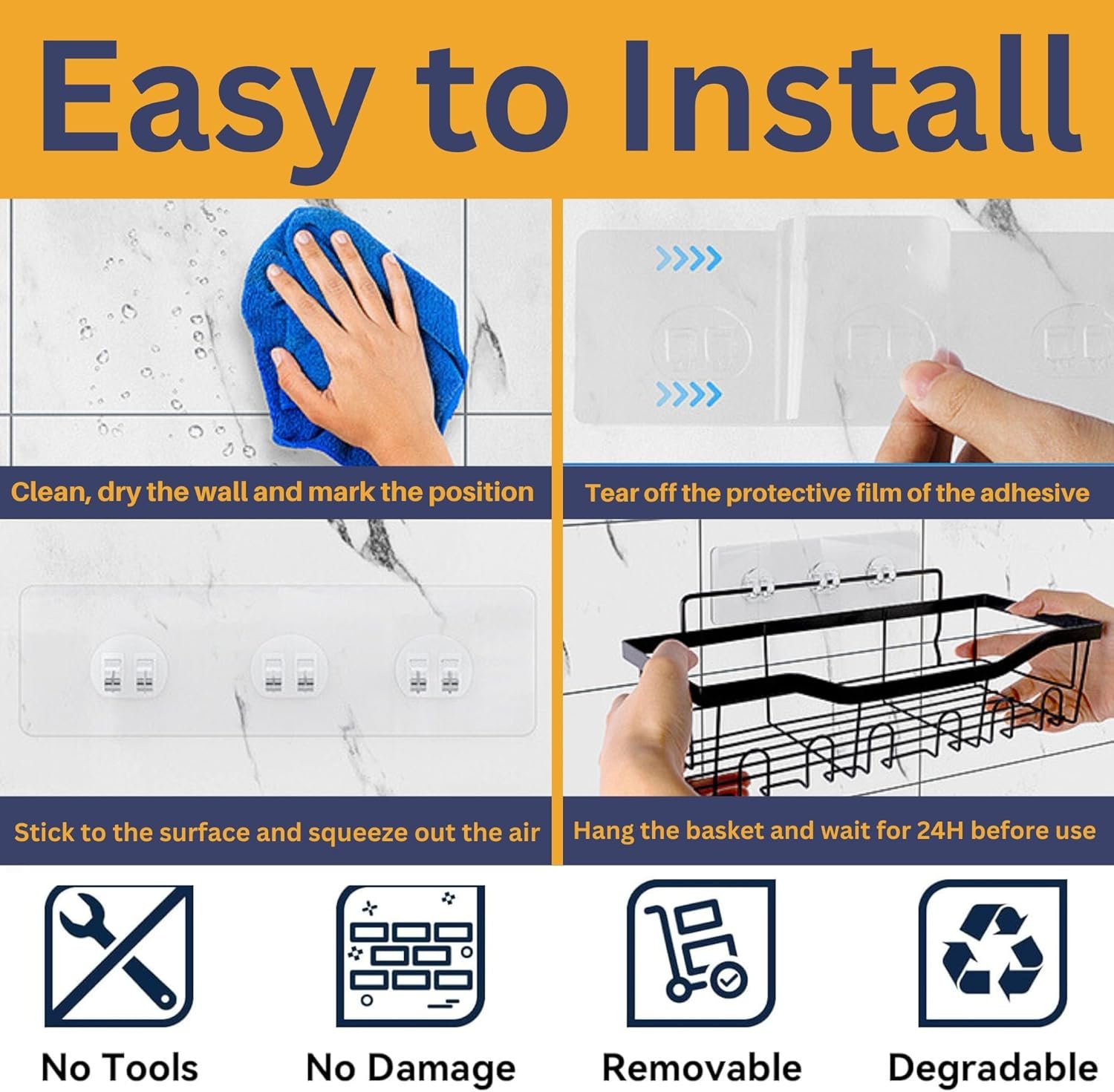 Rustproof Adhesive Shower Caddy Hanging Black 5-Pack No Drill Bathroom Organizer With 20 Hooks,Soap Holder,4 Snap Hooks-Stainless Steel Wall Mounted Storage For Kitchen & Home Decor - Image 10