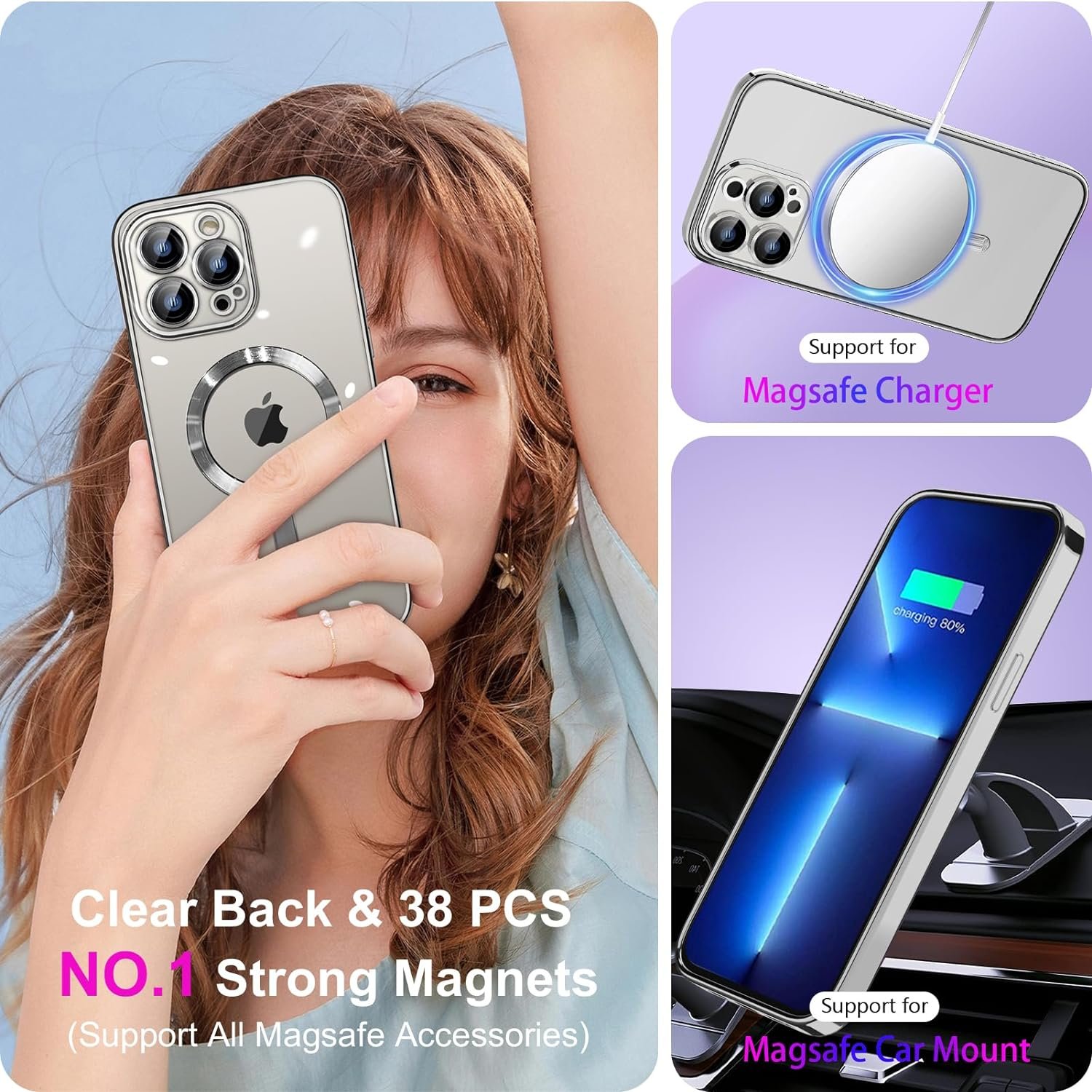 for iPhone 15 Pro Max Case Magsafe, Magnetic Clear Phone Case with Screen Protector and Camera Cover, Transparent Electroplated Case for Women/Girl/Men (Natural Titanium) - Image 6