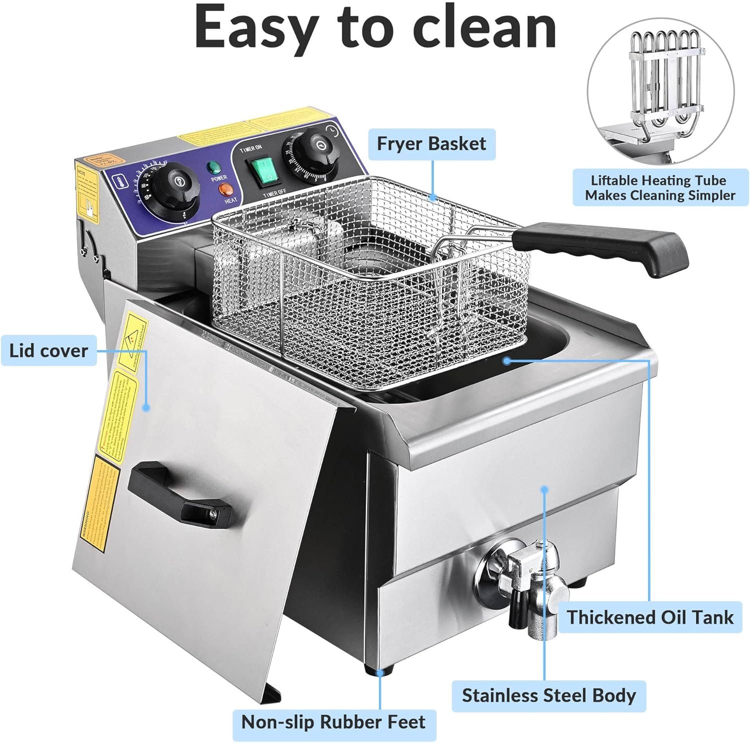 WeChef Commercial Electric Deep Fryer 11.7L 1500W Fryer w/Time Control and Oil Filtration Single Removable Basket Stainless Steel Countertop Fryer for Commercial Restaurant Use - Image 4