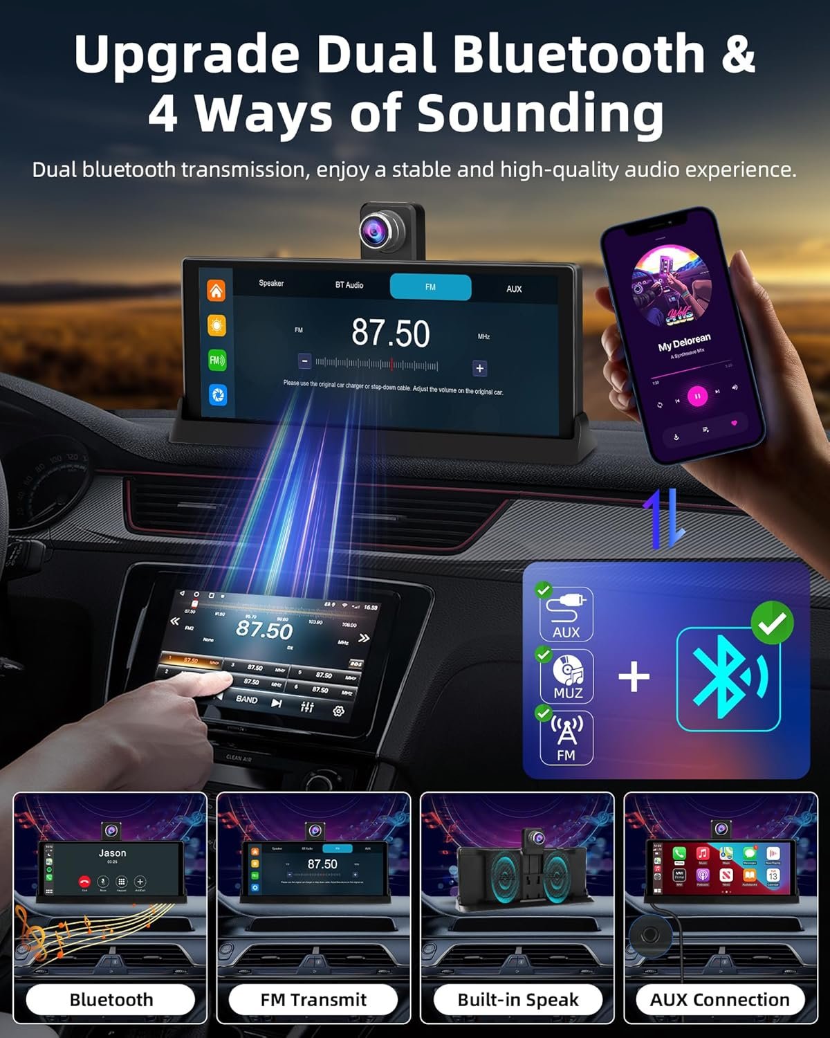 【350° Rotatable Lens】10.26''Wireless Apple CarPlay Screen for Car & 4K Dash Cam Portable Android Auto Car Stereo, Car Audio Receivers 1080P Backup Camera, Bluetooth/GPS Navigation/AirPlay/Googel/Siri - Image 8