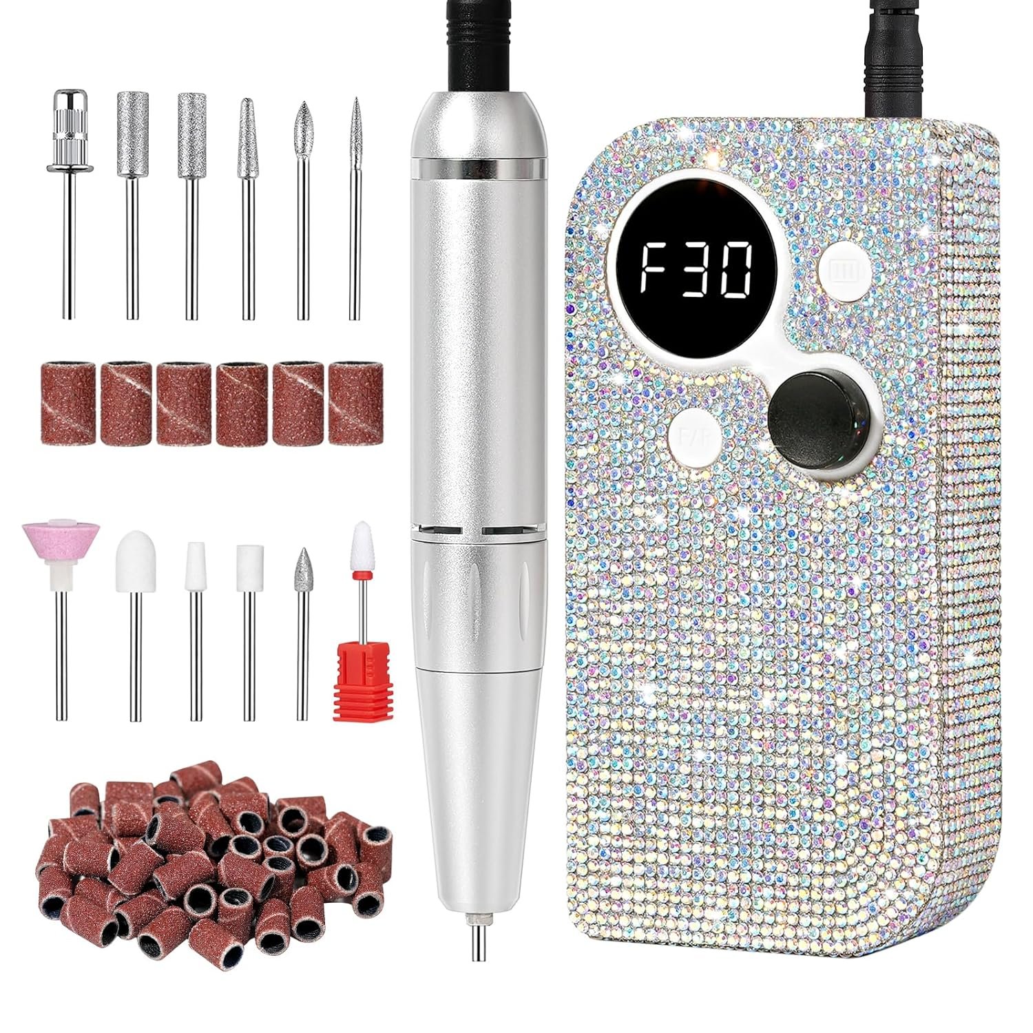 Professional Electric Nail Drill, Rechargeable Sparkly Nail Drill for Acrylic Nails, Cordless Portable Nail Drill Kit with Drill Bits and Sanding Bands for Manicure Pedicure, Diamond - Image 2