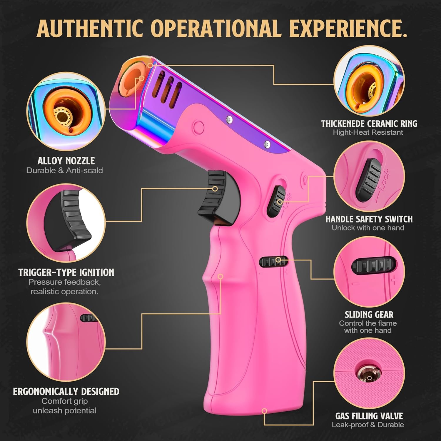 GIBOT Butane Torch Lighter Gun, Refillable Cooking Torch with Adjustable Flame & Safety Lock, Ergonomically Designed Gun lighter for Cooking Welding Grill Industrial Butane Gas Not Included (Pink) - Image 3