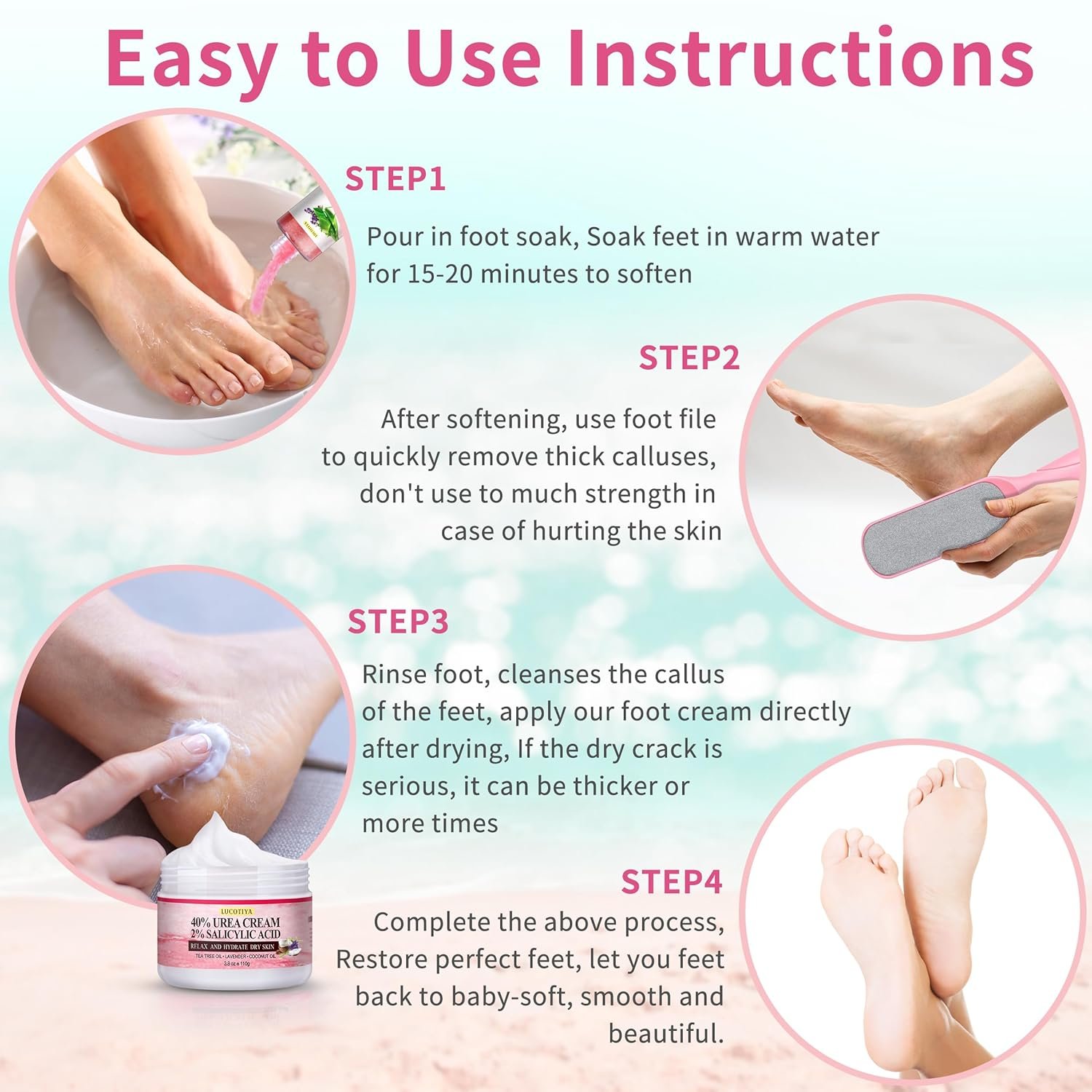 Foot Soak Set Pedicure Kit Foot Spa Callus Remover for Feet Cuticle Remover Foot File for Dead Skin Pink Salt Urea Cream for Feet Aloe Lavender Pedicure Supplies Dry Cracked Feet for Women Men - Image 8