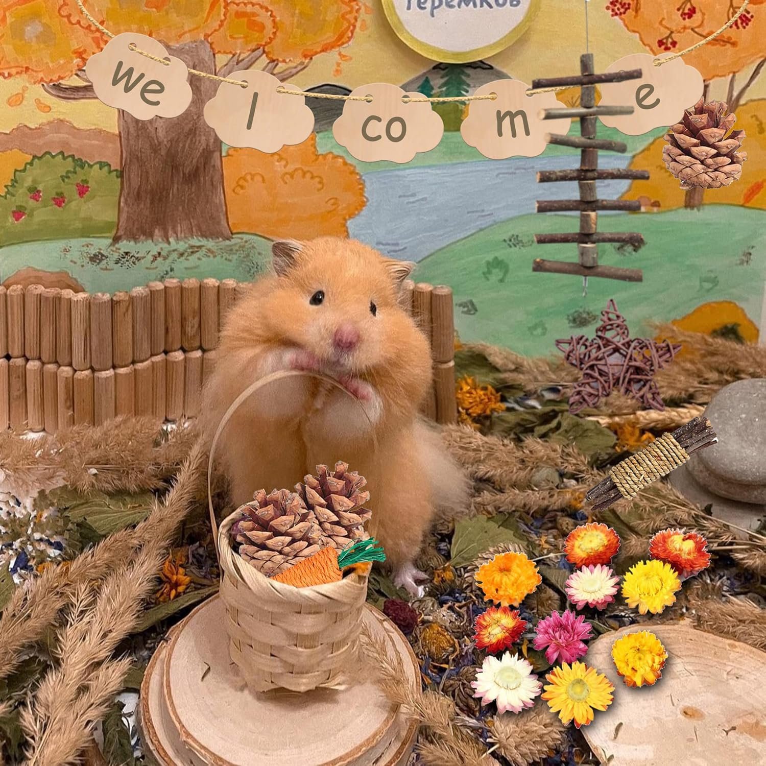 MOMOONNON Hamster Chew Toys Set Natural Wooden Hamster Toys Coconut Hamster House Artificial Plant Dried Flowers Teeth Small Animal Toys Cage Landscaping for Chinchillas Guinea Pigs Pet Mice - Image 5