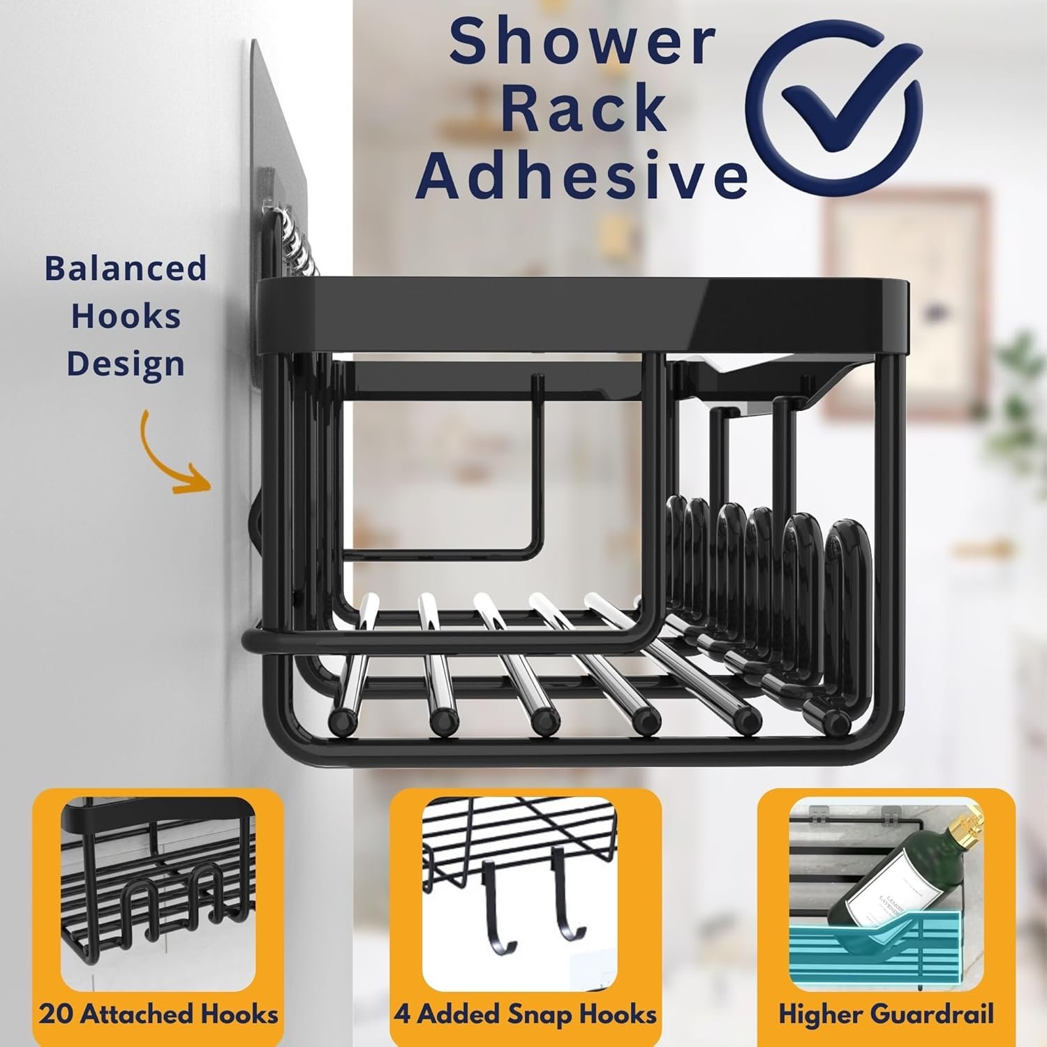 Rustproof Adhesive Shower Caddy Hanging Black 5-Pack No Drill Bathroom Organizer With 20 Hooks,Soap Holder,4 Snap Hooks-Stainless Steel Wall Mounted Storage For Kitchen & Home Decor - Image 5
