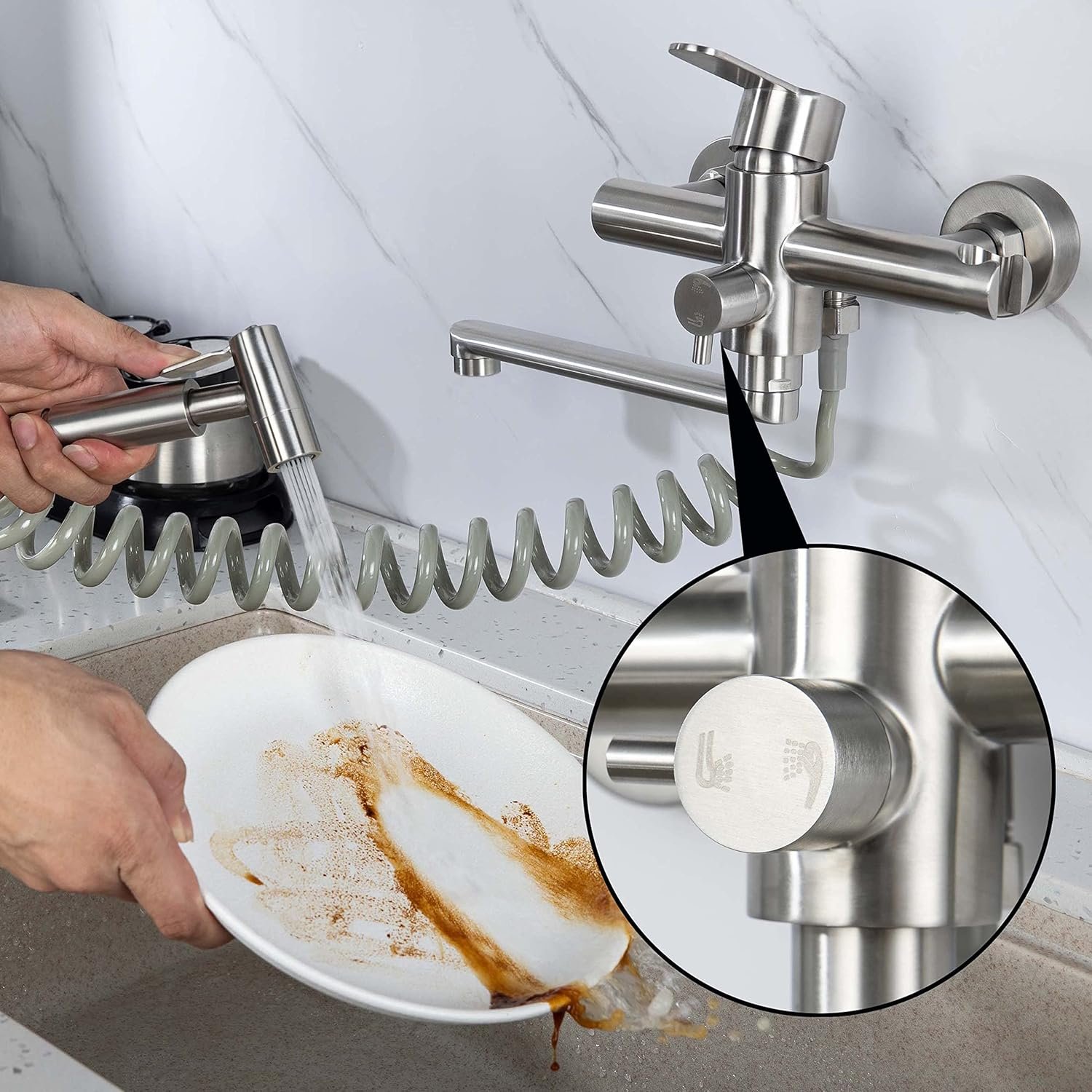 Wall Mounted Faucet Kitchen, 8 inch 360° rotatable Kitchen Faucet, with Heat-Resistant Spray Gun Easy Installation Wall Mount Kitchen Faucet,spout Length 23cm, Brushed Nickel - Image 6