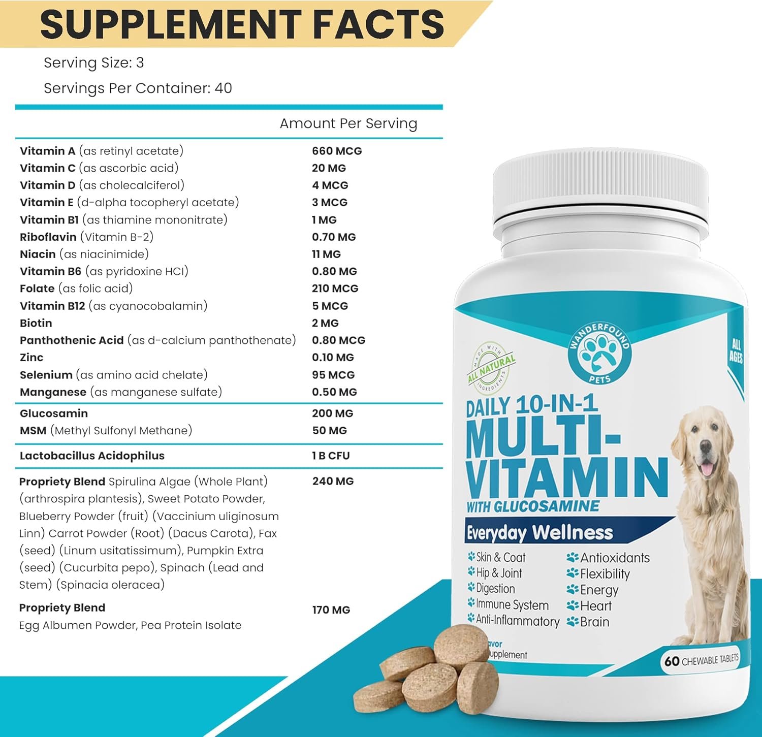 Wanderfound Pets 10-in-1 Dog Multivitamin, Chewable Dog Vitamins with Glucosamine, D3, and MSM, Dog Health Supplies for Immune System and Joint Health, Liver Flavor, 60 Tablets - Image 6
