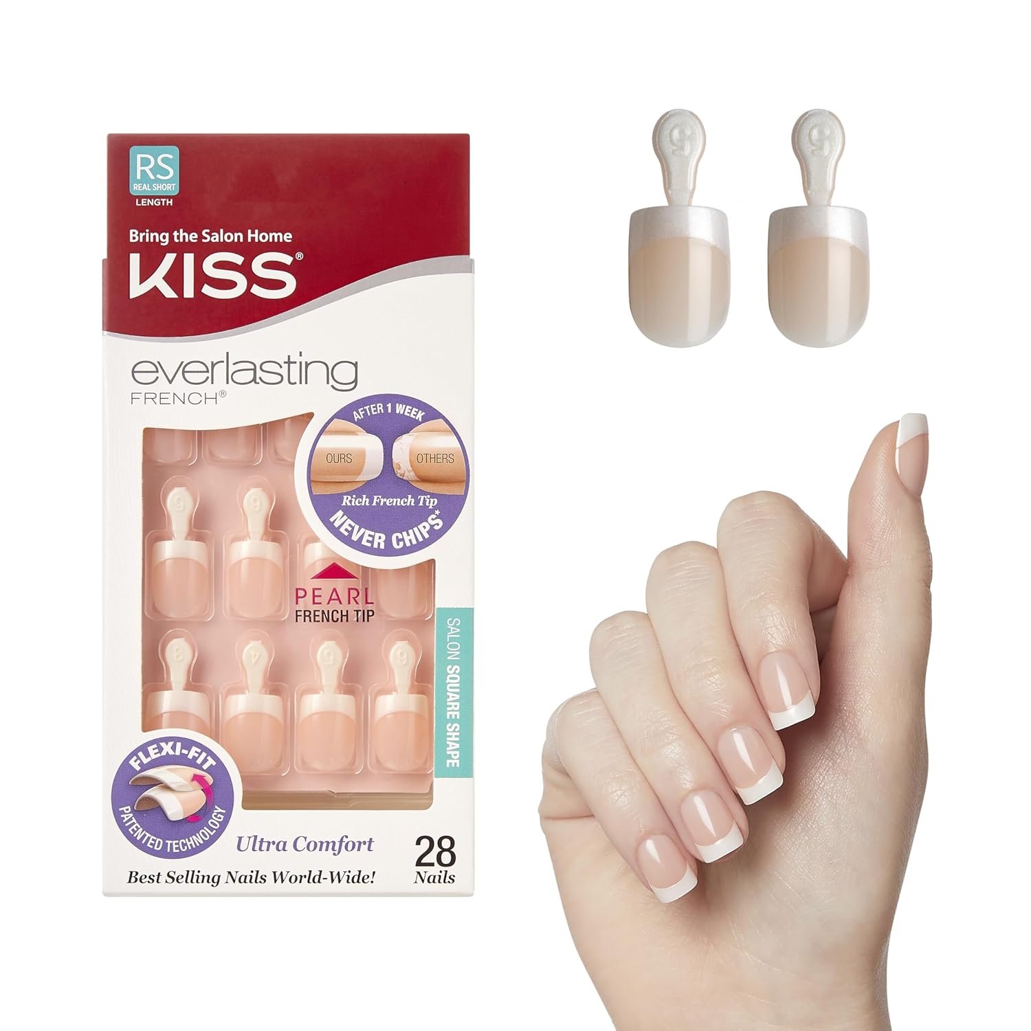 Kiss Everlasting French Nail Manicure, Chip-Free, Flexi-Fit Technology, Real Short, "String of Pearls", Nail Kit with Pink Nail Glue (Net Wt. 2g / 0.07oz), Mini File, Manicure Stick, and 28 Fake Nails - Image 2