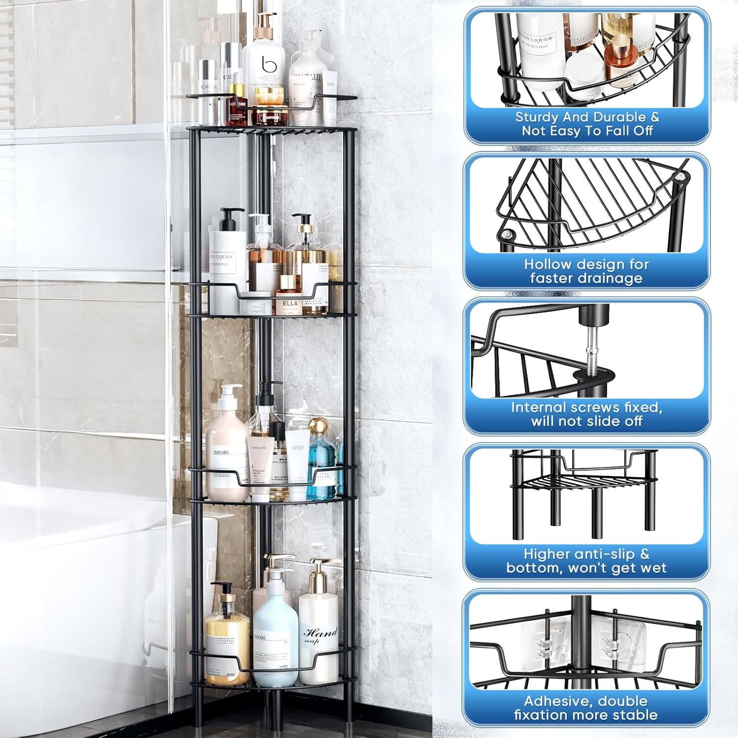 Corner Shower Caddy, 4 Tier Rustproof Shower Organizer Shelf for Bathroom Shampoo Storage, Waterproof Stainless Steel Floor Corner Stand Rack for Bathroom Balcony Kitchen, No Drilling, Black… - Image 6