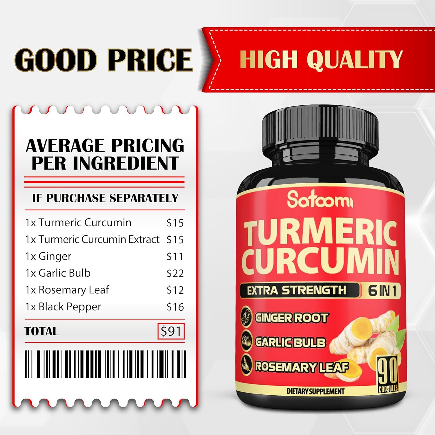 6in1 Turmeric Curcumin Supplement - 3 Month Supply - 95% Curcuminoids with Ginger Root, Garlic Bulb, Rosemary & Black Pepper - 90 Capsules - Image 7