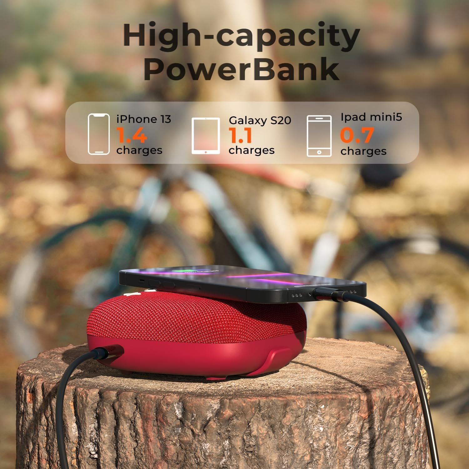 Tribit StormBox Micro 2 Portable Bluetooth Speaker, Bluetooth 5.3 Speakers with XBass, IP67 Waterproof, 12H Playtime Long Battery Powerbank for Outdoor Camping Biking (Red) - Image 7