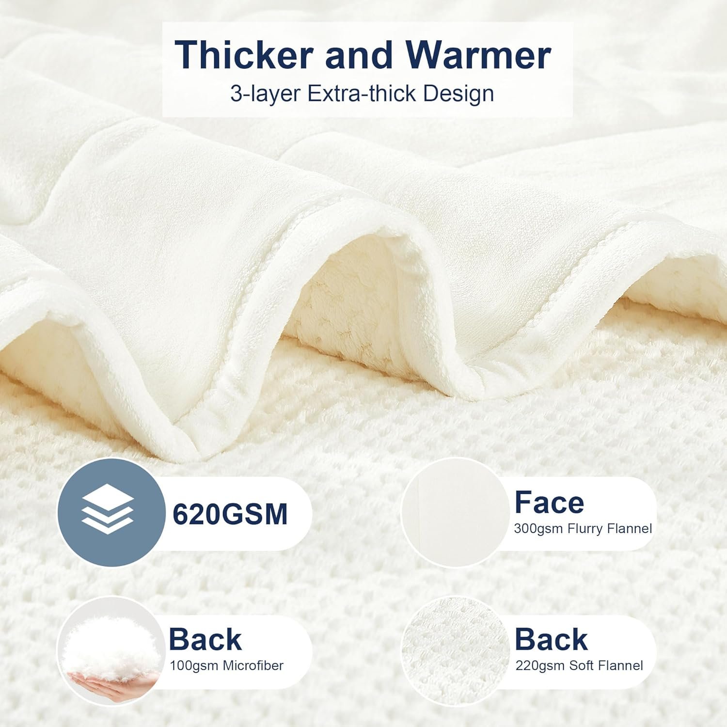DREAMNINE Extra Thick 3 Layers Soft Flannel Fleece Blanket for Couch Sofa 50" x 60", Luxury Warm Fuzzy Velvet Blanket for Winter, Solid Cozy Plush Microfiber Blanket for Bedroom, Washable, Cream White - Image 5