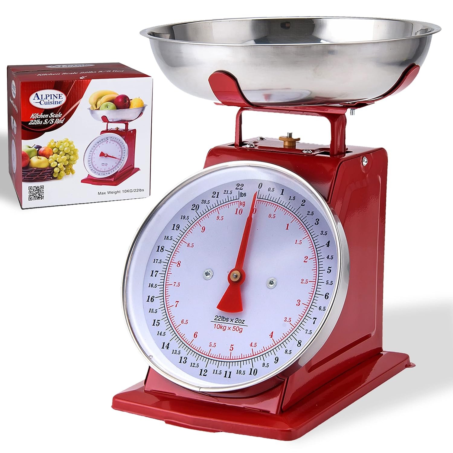 Alpine Cuisine Analog Kitchen Scale Red - Mechanical Kitchen Weighing Food Scale Weighs Up to 22 Lbs., Analog Food Scale for Kitchen - Measures in Grams and Ounces - Food Weight Scale - Image 2