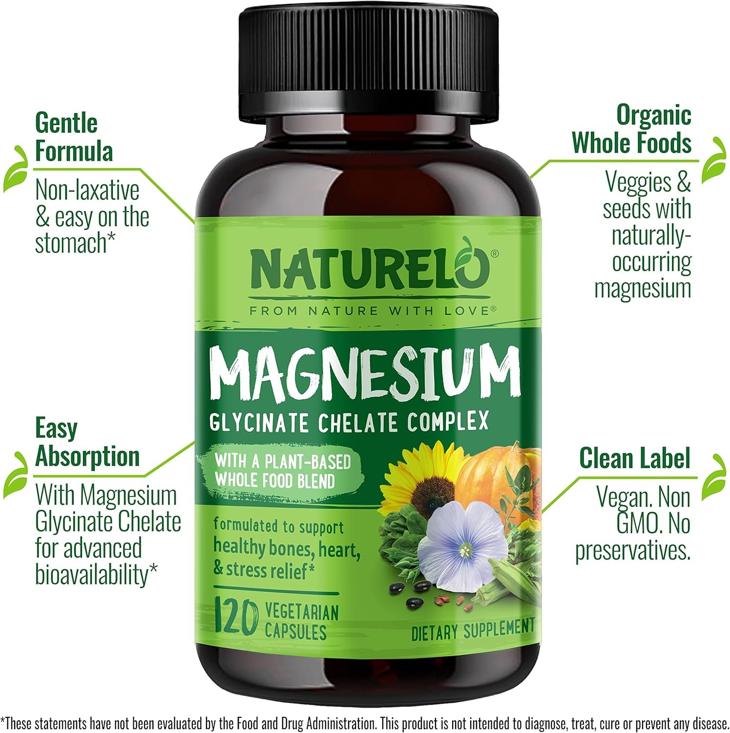 NATURELO Magnesium Glycinate Chelate Complex - 200 mg Magnesium with Organic Vegetables to Support Sleep, Calm, Muscle Cramp & Stress Relief – Gluten Free, Non GMO - 120 Capsules - Image 6