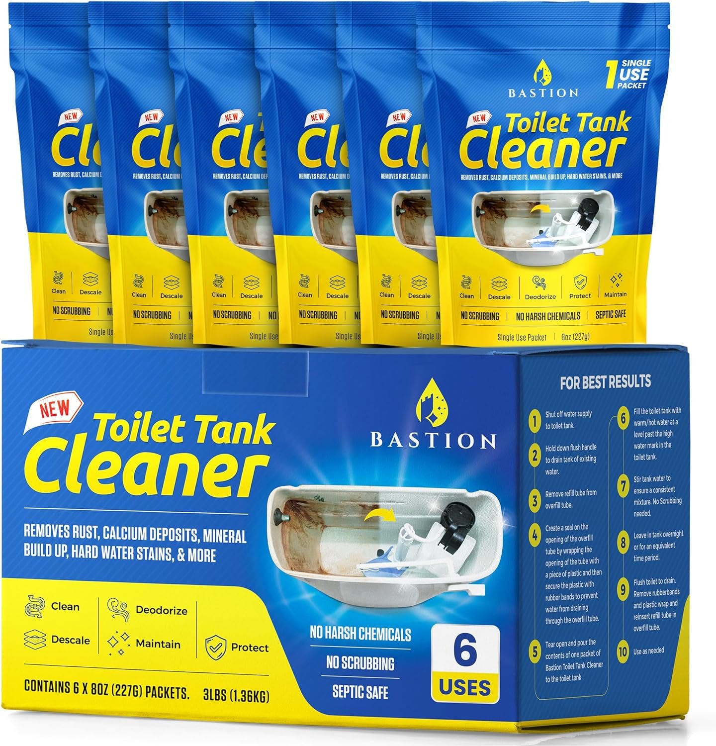 Bastion Toilet Tank Cleaner - 6-Uses. (*Not For Toilet Bowl*) Removes Rust, Minerial Deposits, Hard Water Stains, & Calcium Build Up. Contains 6 X 8oz Single Use Packets - Image 2