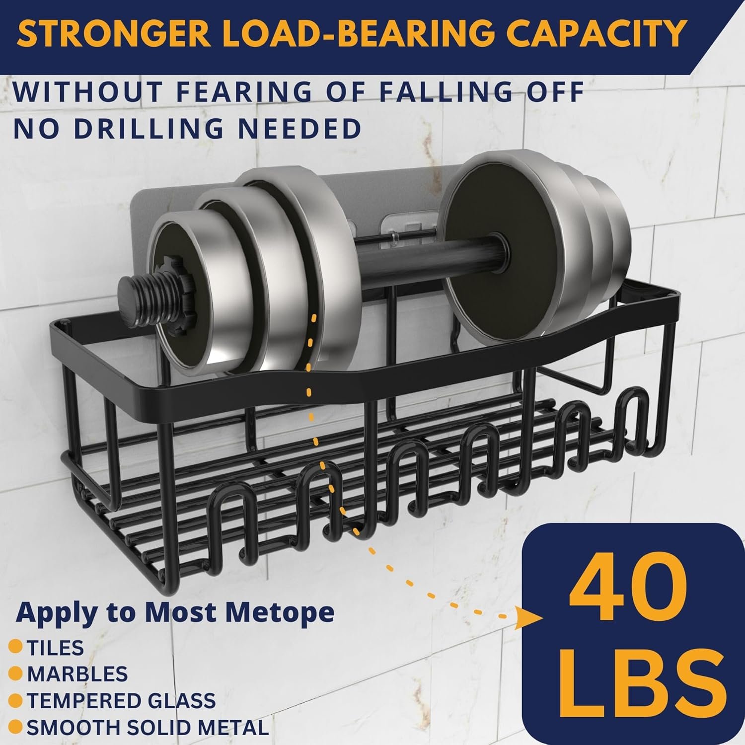 Rustproof Adhesive Shower Caddy Hanging Black 5-Pack No Drill Bathroom Organizer With 20 Hooks,Soap Holder,4 Snap Hooks-Stainless Steel Wall Mounted Storage For Kitchen & Home Decor - Image 6