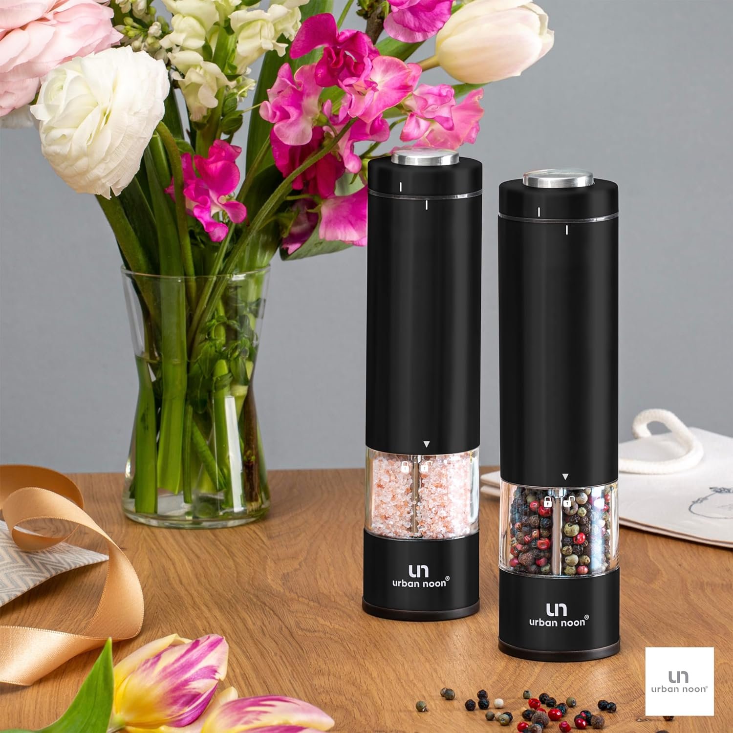 Electric Salt and Pepper Grinder Set - Battery Operated Stainless Steel Mill with Light (2 Black Mills) - Automatic One Handed Operation - Electronic Adjustable Shakers - Ceramic Grinders - Image 5