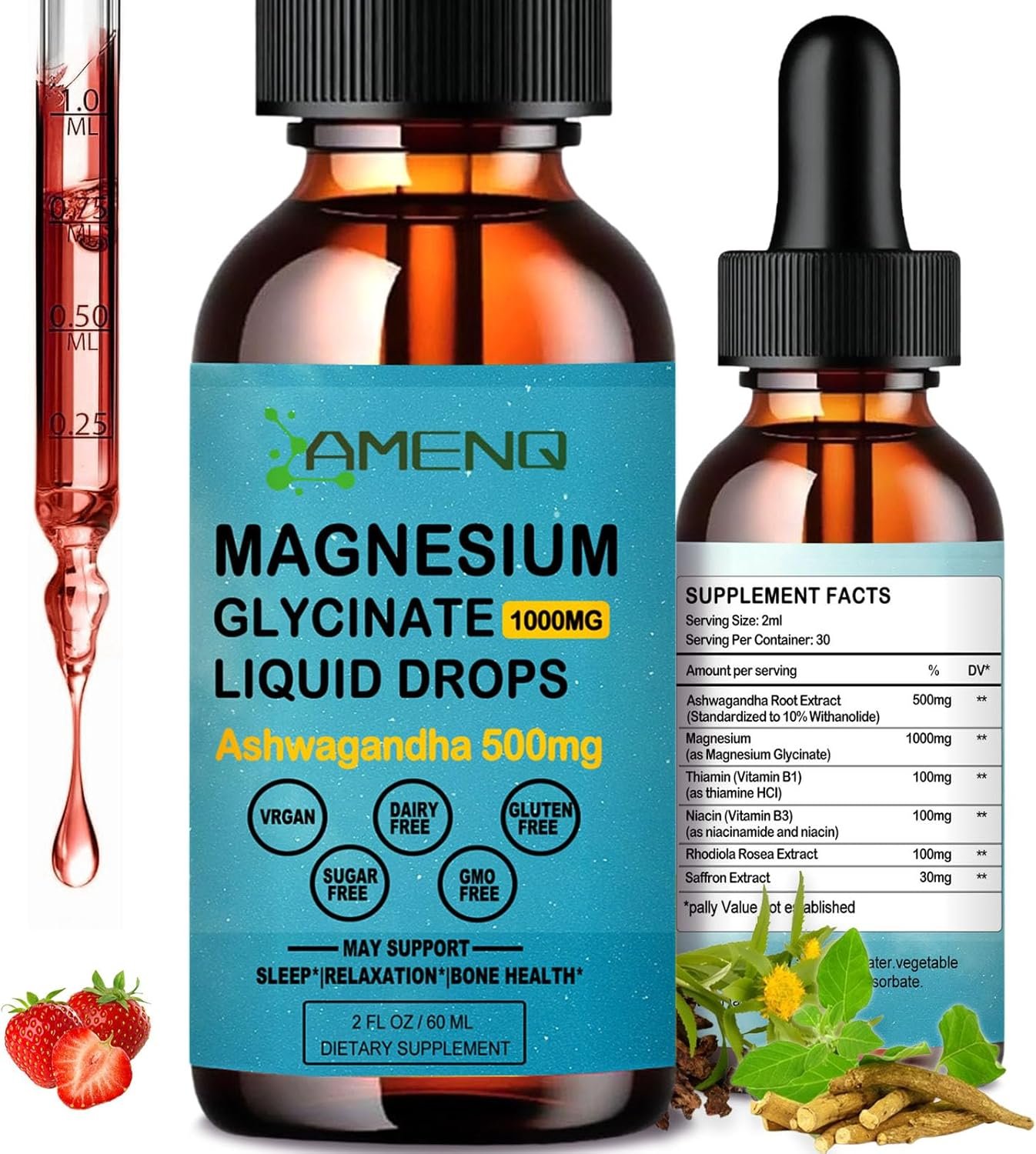 Magnesium Glycinate Liquid Drops with Ashwagandha,B1, B3, Saffron & Rhodiola Rosea for Support Rest, Mood & Energy Calm Magnesium Drops for Adults, Organic Magnesium Supplement, Vegan 2 FL/OZ - Image 2