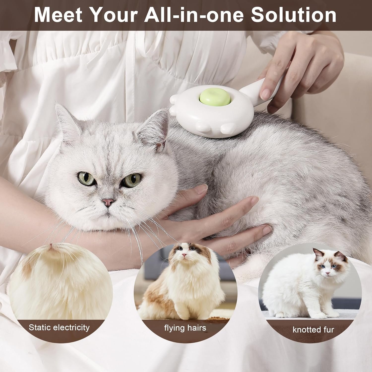 Cat Brush with Release Button, Cat Grooming Brush for Long or Short Haired Cats, Self Cleaning Slicker Brushes Removes Loose Undercoat, Hair Slicker Brush for Pet Massage (White) - Image 3
