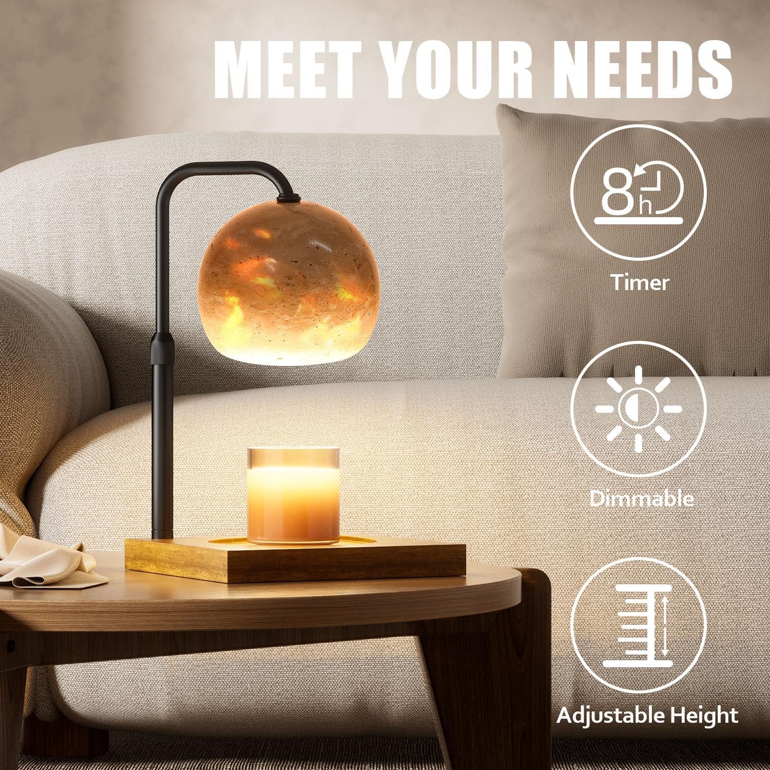 Candle Warmer Lamp with Timer, Adjustable Height Dimmable Candle Lamp Warmer for Bedroom, Wax Warmer Lamp for Scented Candles with Marble, 2 Bulbs House Warming Gifts for Mom (Ball) - Image 4