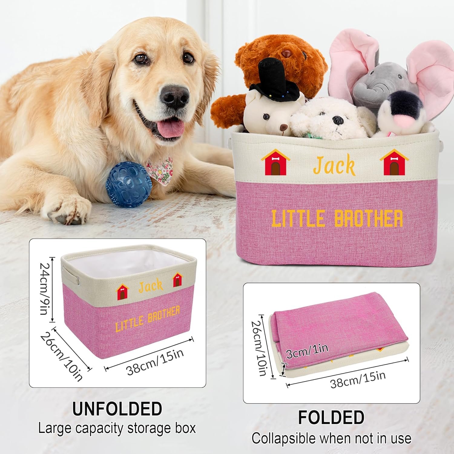 Personalized Dog Toy Basket, Collapsible Custom Dog Toy Box with Pet's Name, Dog Toy Bin with Handles, Sturdy Rectangular Storage Box for Dog Toys, Dog Foods, Dog Apparel&Accessories(Pink) - Image 4