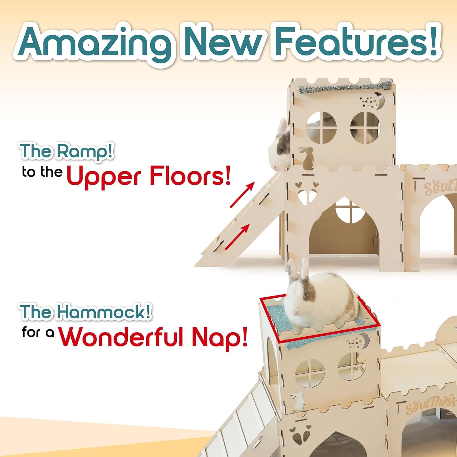 Soulthink® Extra Large Rabbit Hideout and Castle - Easy to Assemble Wooden Rabbit Houses and Hideouts with Ramps and Tunnels Bunny Castle and Rabbit House for Rabbits to Hide and Play Indoor - Image 9