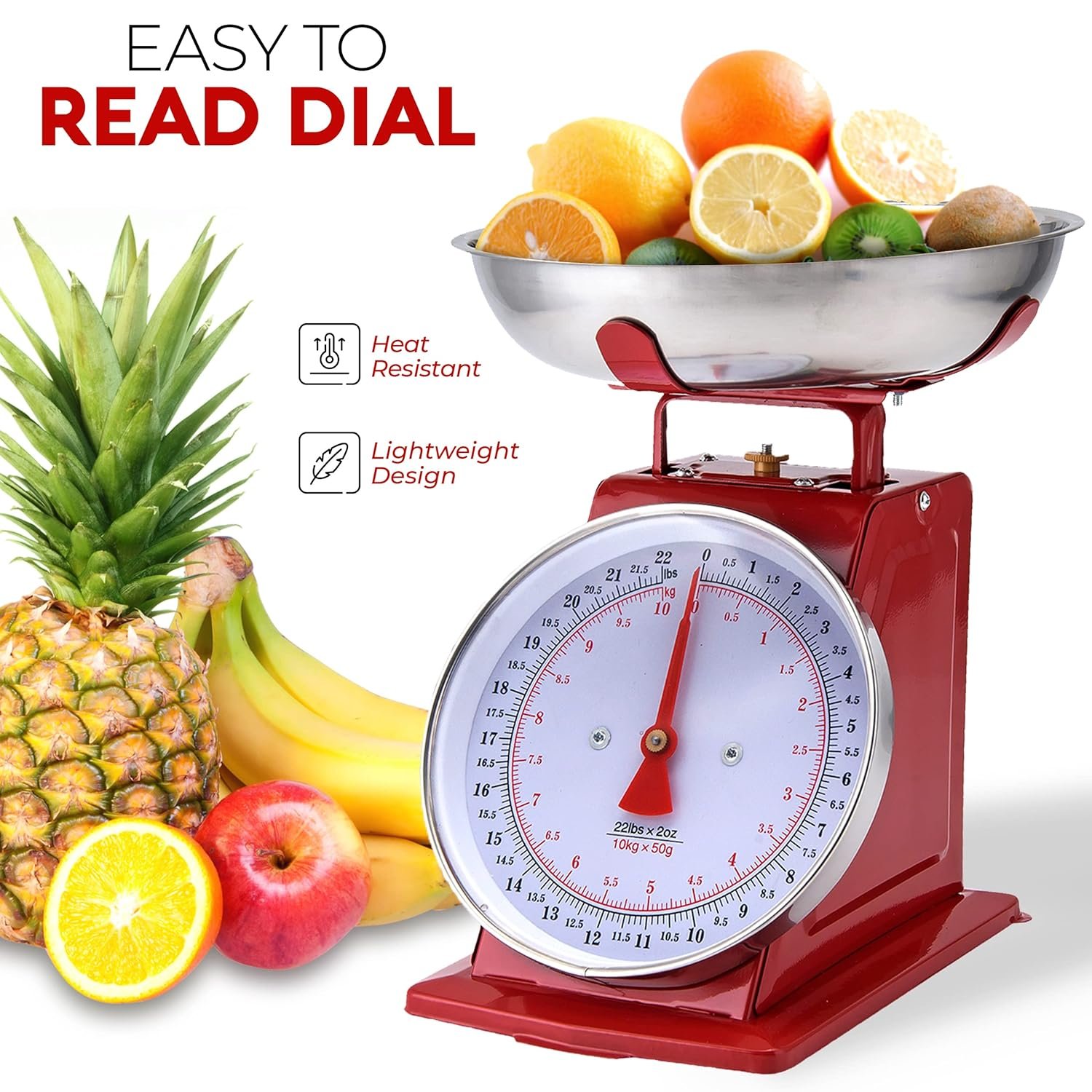 Alpine Cuisine Analog Kitchen Scale Red - Mechanical Kitchen Weighing Food Scale Weighs Up to 22 Lbs., Analog Food Scale for Kitchen - Measures in Grams and Ounces - Food Weight Scale - Image 5