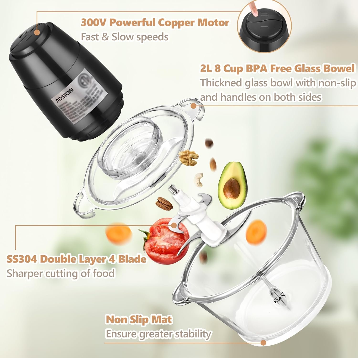 AOSION Electric Food Processor,8 Cup food Chopper,Vegetable Chopper & Meat grinder 350W with 2L Glass Bowl Grinder with 2 Speed for Baby Food/Meat/Fruits/Nuts. - Image 6