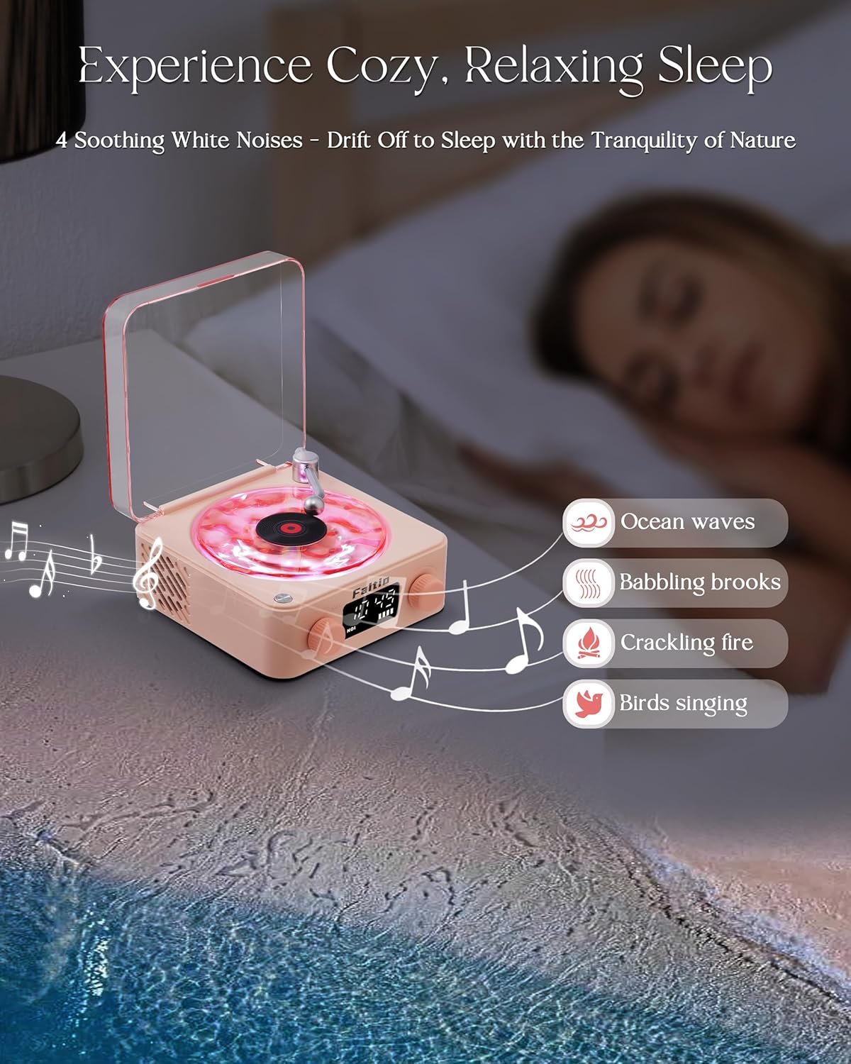 Waves Vinyl Bluetooth Speaker, Vinyl Record Player Style Speaker with Ocean Sound White Noise, Retro Bluetooth Speaker with Ambient Light, Mini Record Player Cute Speaker, Pink - Image 5
