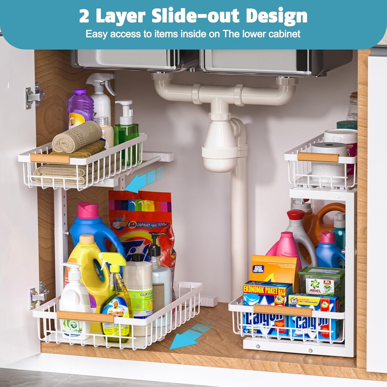 Under Sink Organizer 2 pack, 2 Tier Slide Out Under Sink Organizers And Storage, Height Adjustable Pull Out Cabinet Organizer Drawers, Kitchen Bathroom Metal Sink Storage Shelves, White - Image 3
