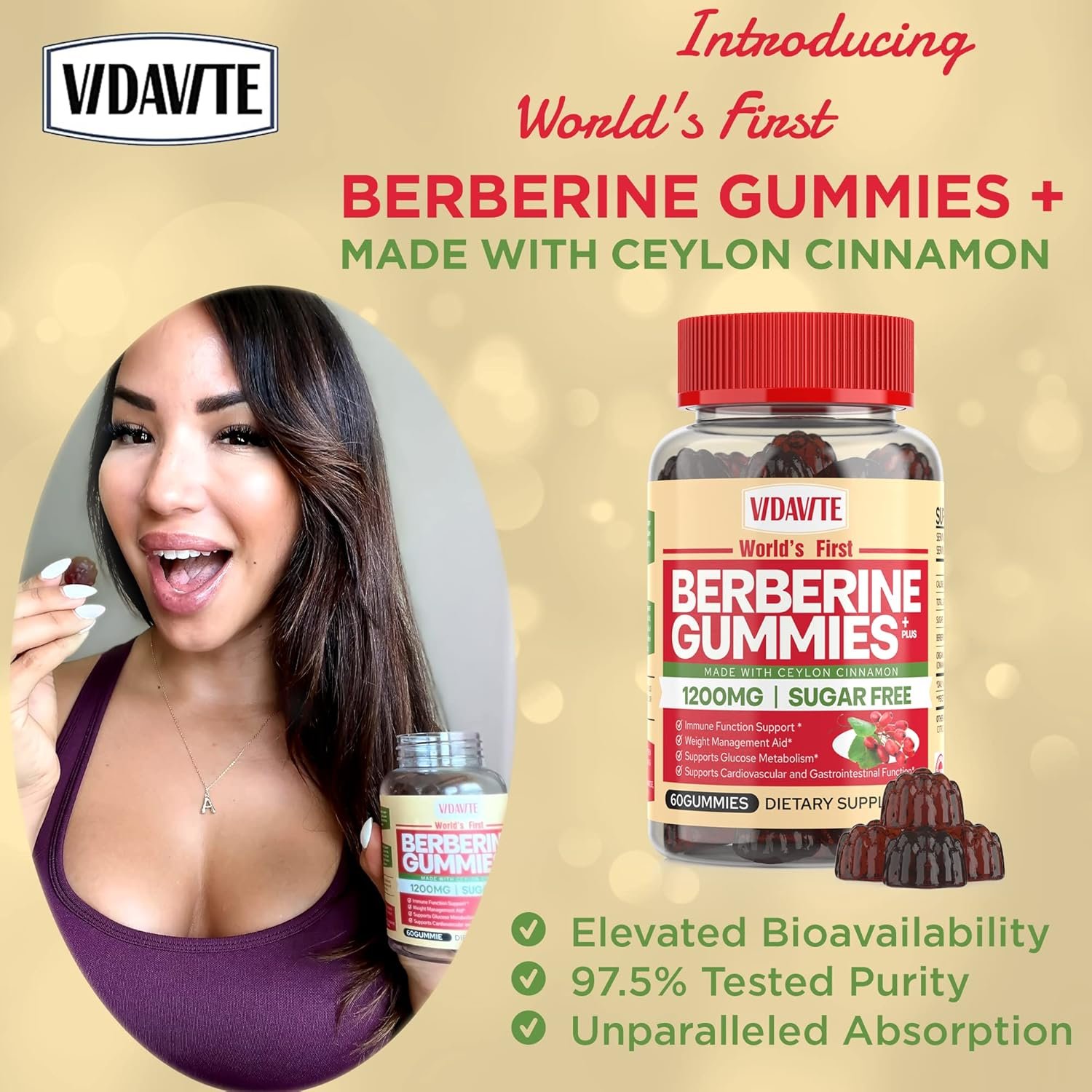 Berberine with Ceylon Cinnamon Gummies — Sugar-free, 98% Pure & 10x Absorption — 1200mg Organic Berberine Supplement for Weight Loss, Immunity, Cardiac, Metabolic & Digestive Health (30 Days) - Image 2
