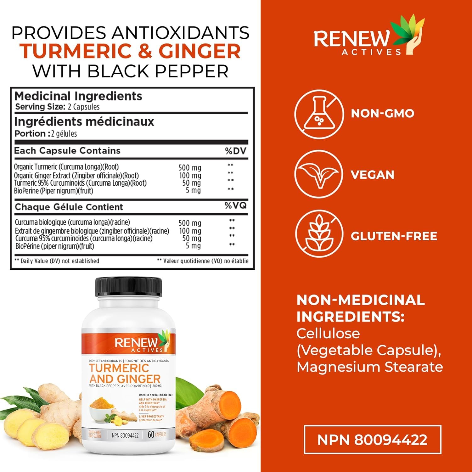 Renew Actives Ginger Turmeric Curcumin Capsules - Potent Antioxidant with Bioperine & Black Pepper Blend for Digestive & Liver Health - Easy-to-Swallow Capsules - 60 Vegan Capsules - Image 5
