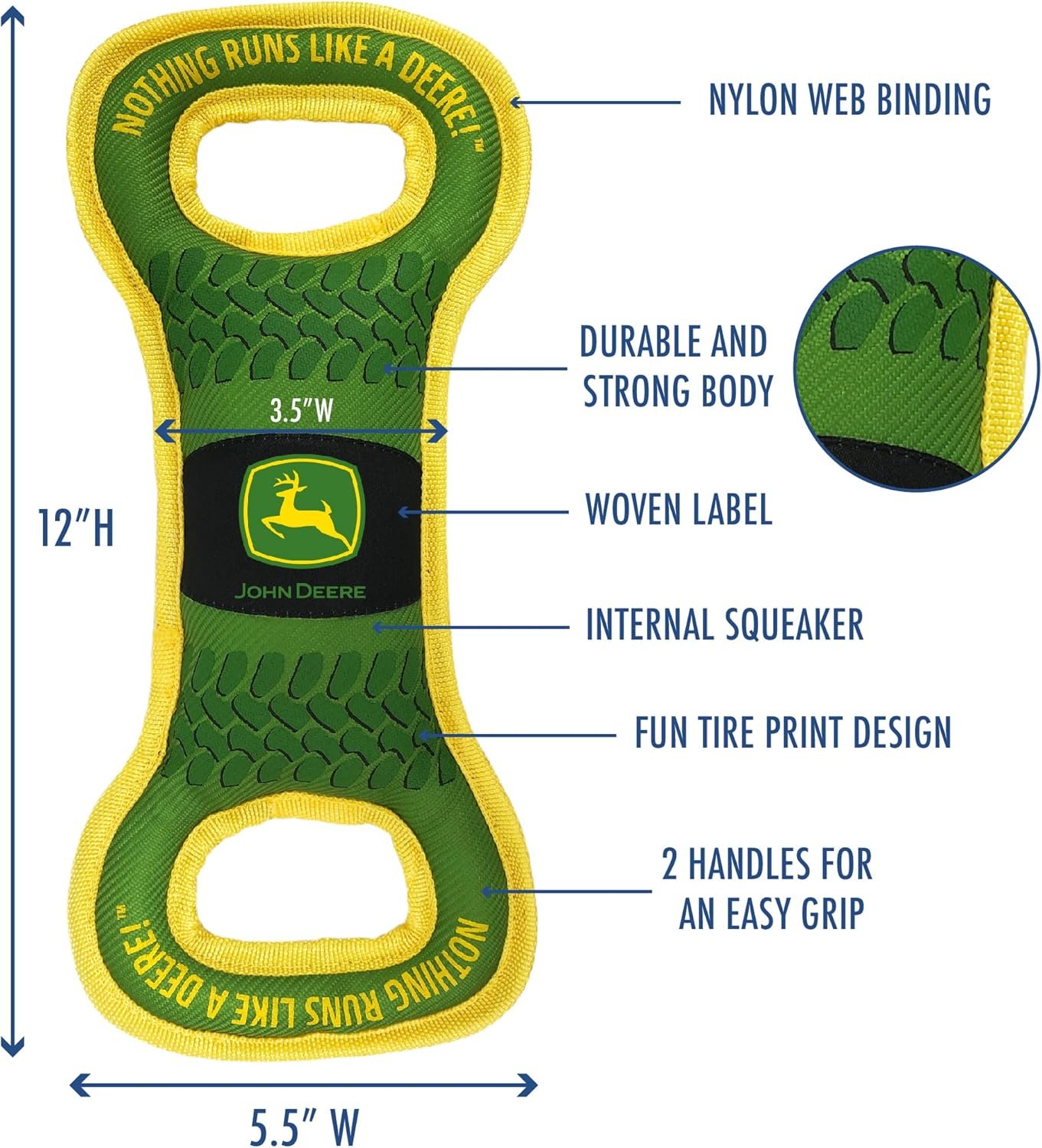 Pets First John Deere Dog Squeak TUG Toy Tough-Nylon Bone Toy for Dogs & Cats. Durable Sturdy PET Toy with John Logo. Best Dog Field Toy for Dog Owners, Farmers, Builders, Etc.., Green (JOD-3030) - Image 4