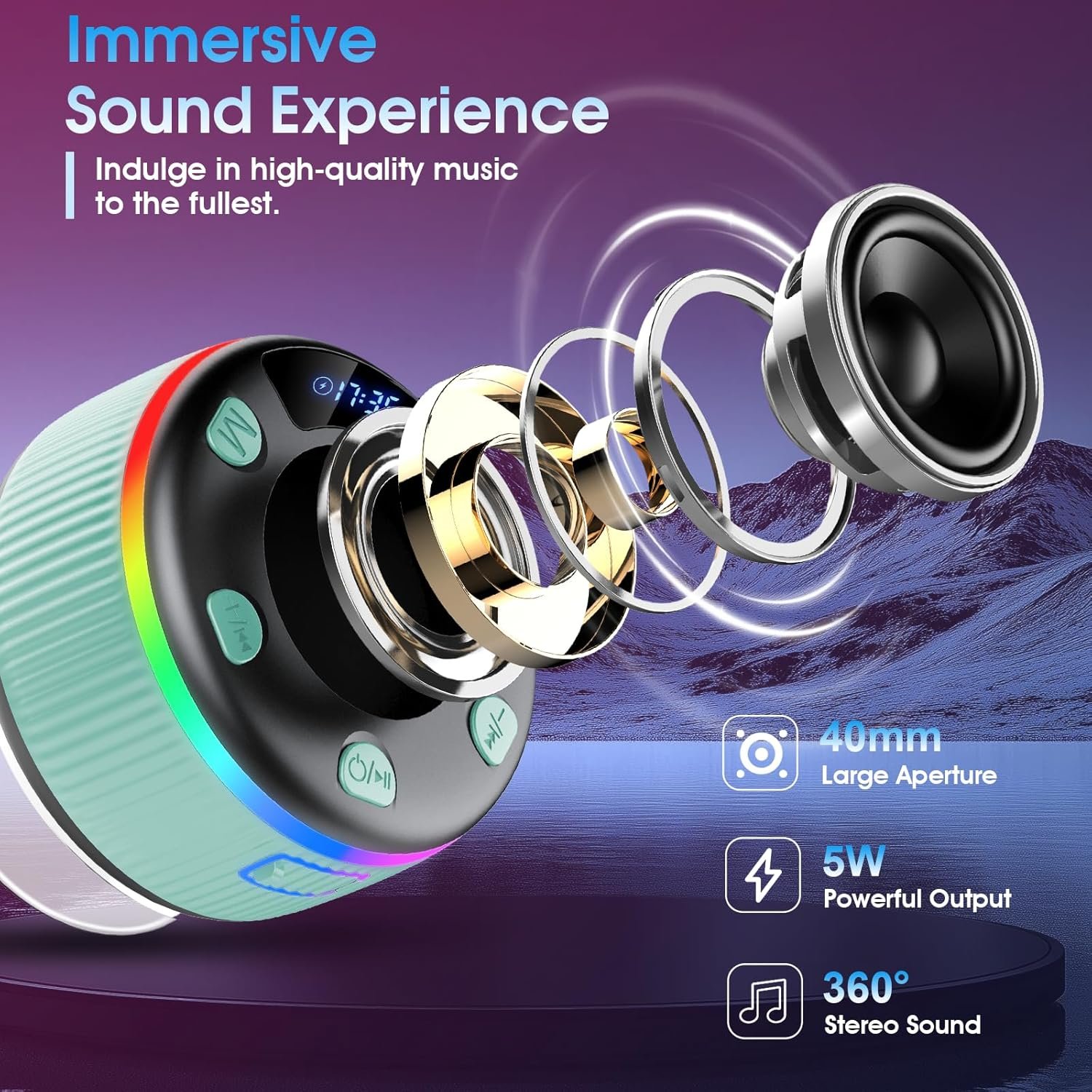 Bluetooth Shower Speaker, Portable Bluetooth 5.3 Speakers Wireless with Time Display, IP7 Waterproof Speaker with RGB Lights, Stereo Bass, Suction Cup, Mini Speaker for Bathroom Party Outdoor, Green - Image 3