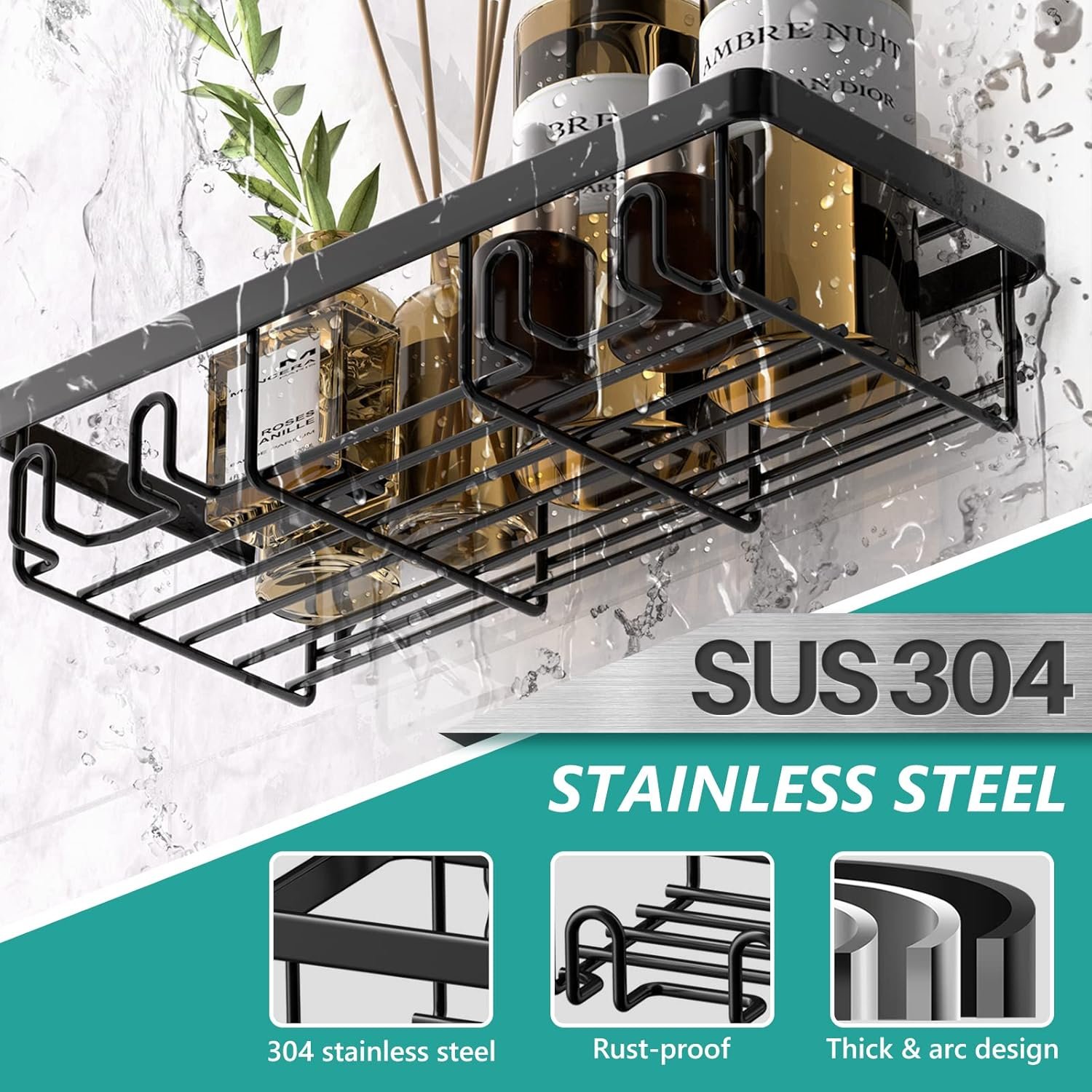 Cusbus Shower Caddy, 3 Pack Organizer, Adhesive No Drilling Traceless Shelves, Rustproof SUS304 Stainless Steel Bathroom Shelf for Inside & Kitchen Storage (Black) - Image 6