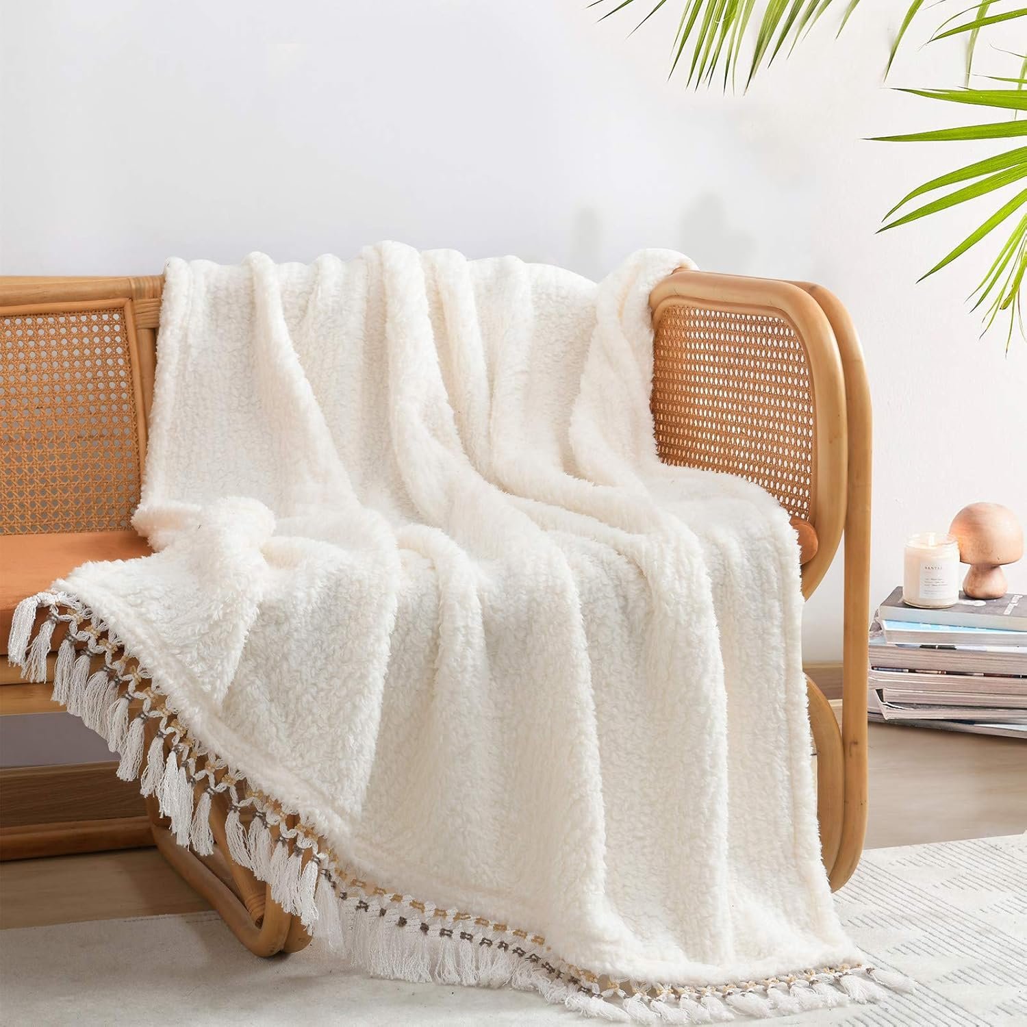 Ultra Soft Cozy Sherpa Throw Blanket, Light Weight Warm Decorative Throw Blanket with Tassel, Solid Antique White Pattern Reversible Boho Style Blanket for Sofa, Couch, Bedroom,Travel, 50”x60” - Image 2